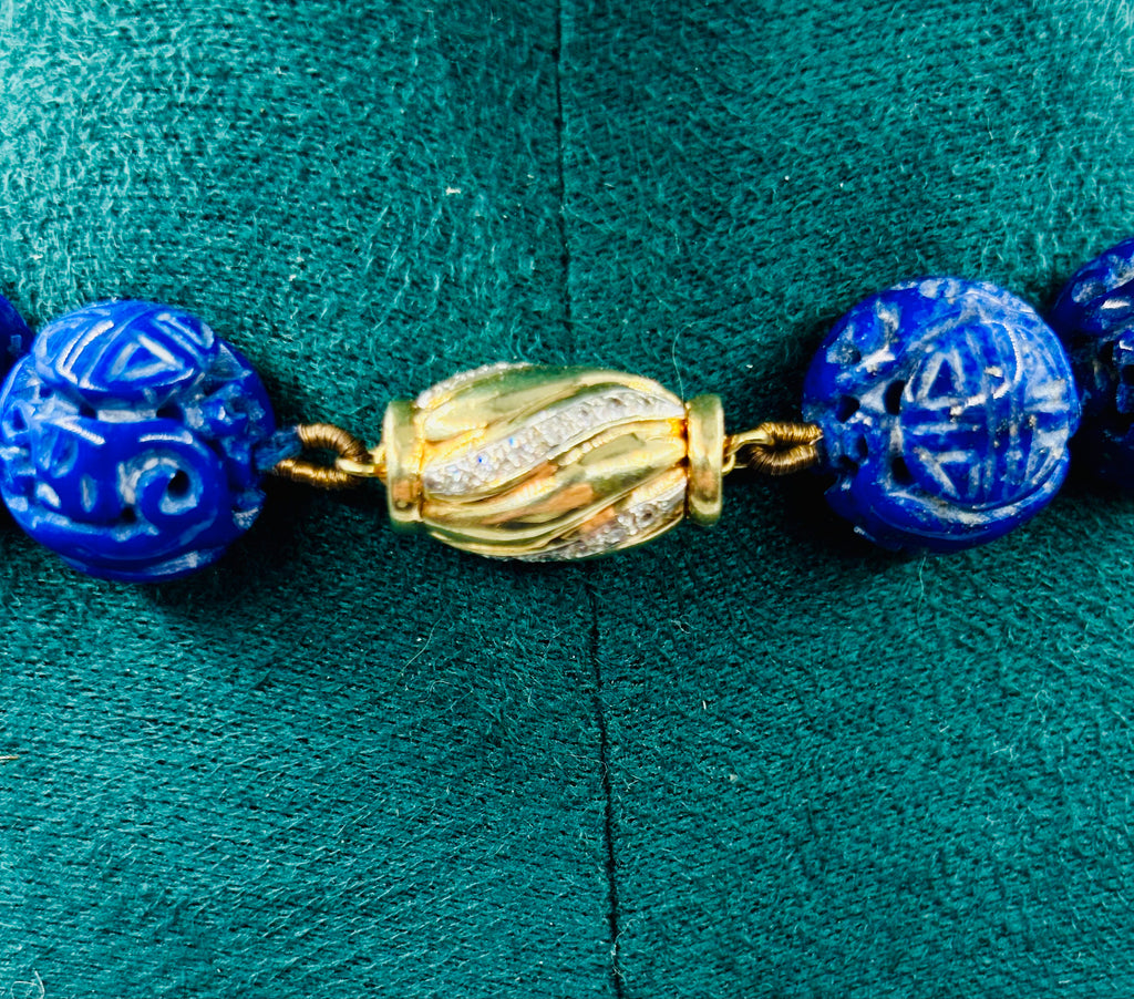 Vintage Carved Lapis Lazuli Bead Necklace with Diamond Set 14 Karat Gold Clasp