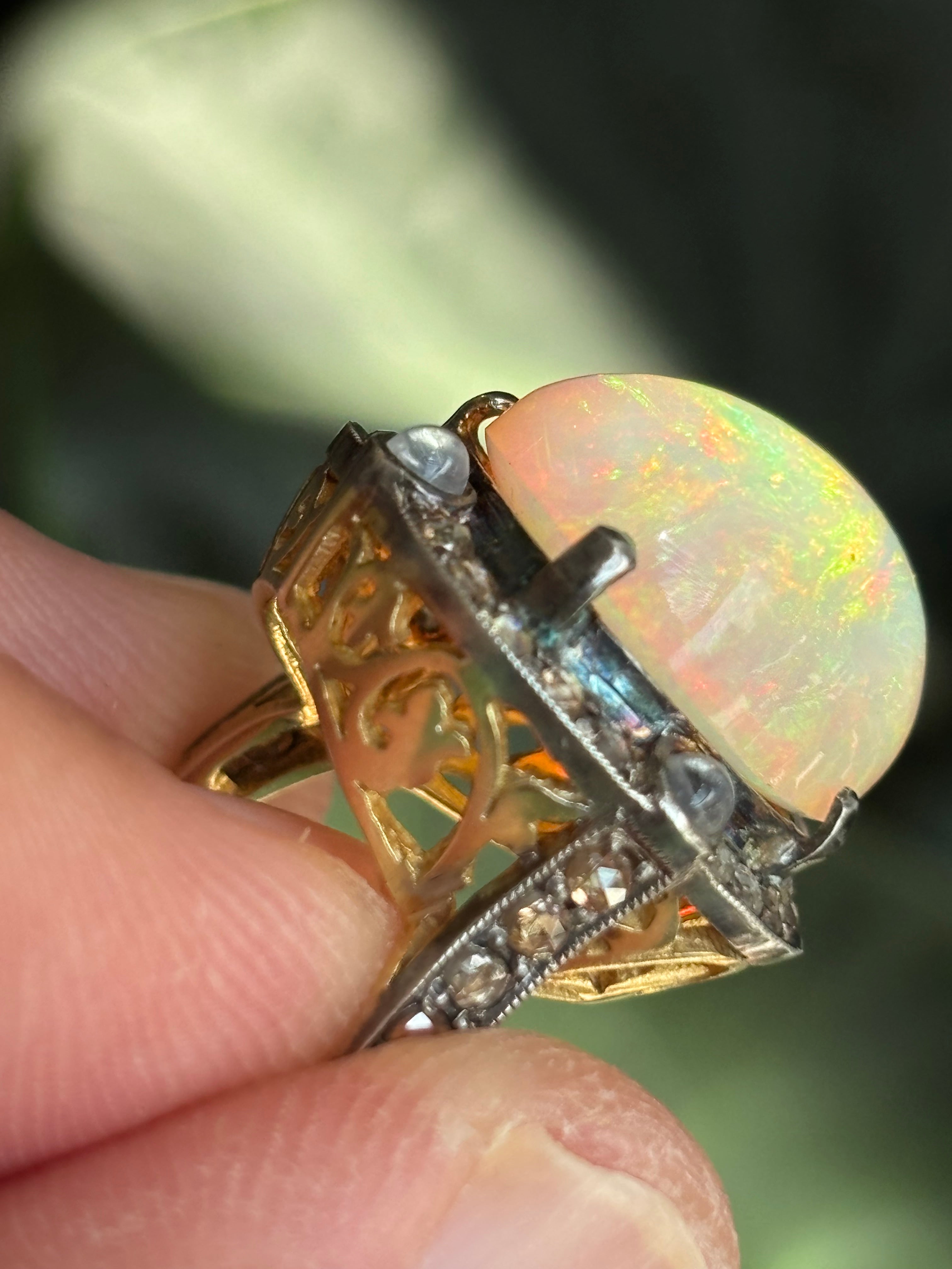 Late Victorian Certified 13.5 Carat Precious Opal Diamond Cluster Ring