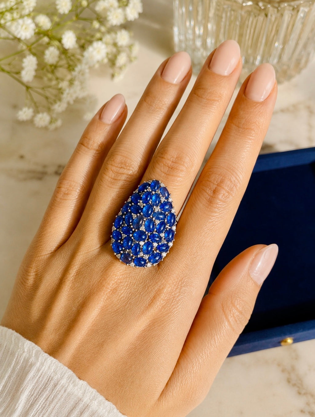 Natural Sapphire Cabochon and Diamond Statement Cocktail Ring, 13 Carats, 18K Gold & SIlver