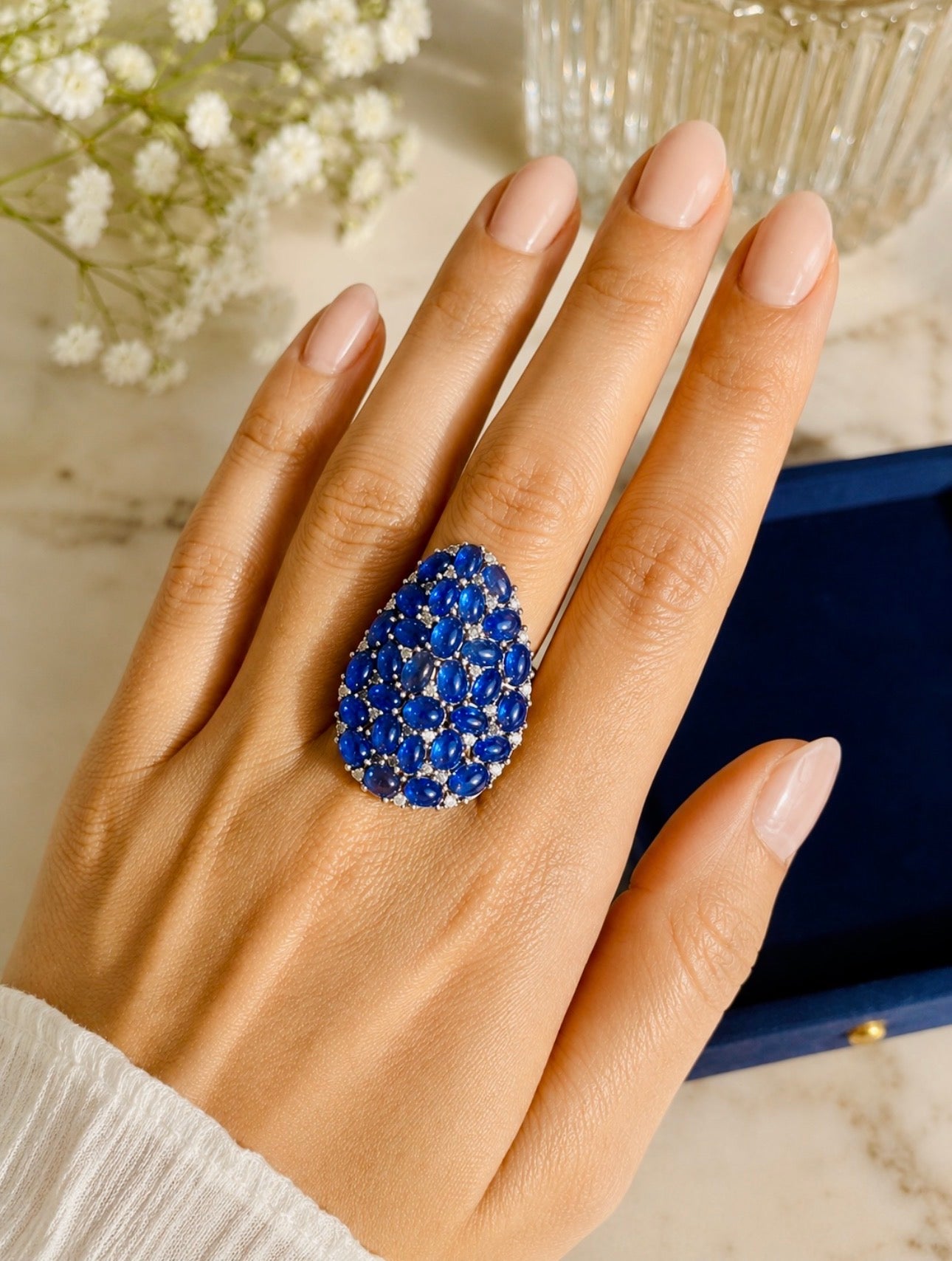 Natural Sapphire Cabochon and Diamond Statement Cocktail Ring, 13 Carats, 18K Gold & SIlver