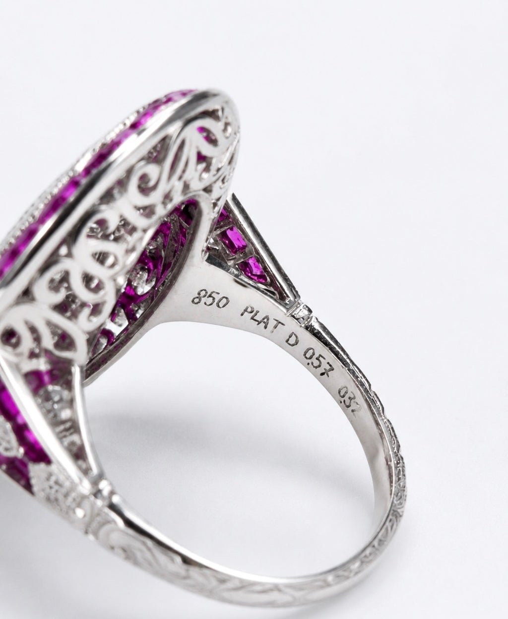 Art Deco Style Platinum Diamond, Calibre Ruby Plaque Ring, Old European Diamond 0.57 carats - overall diamond carat weight 2.07