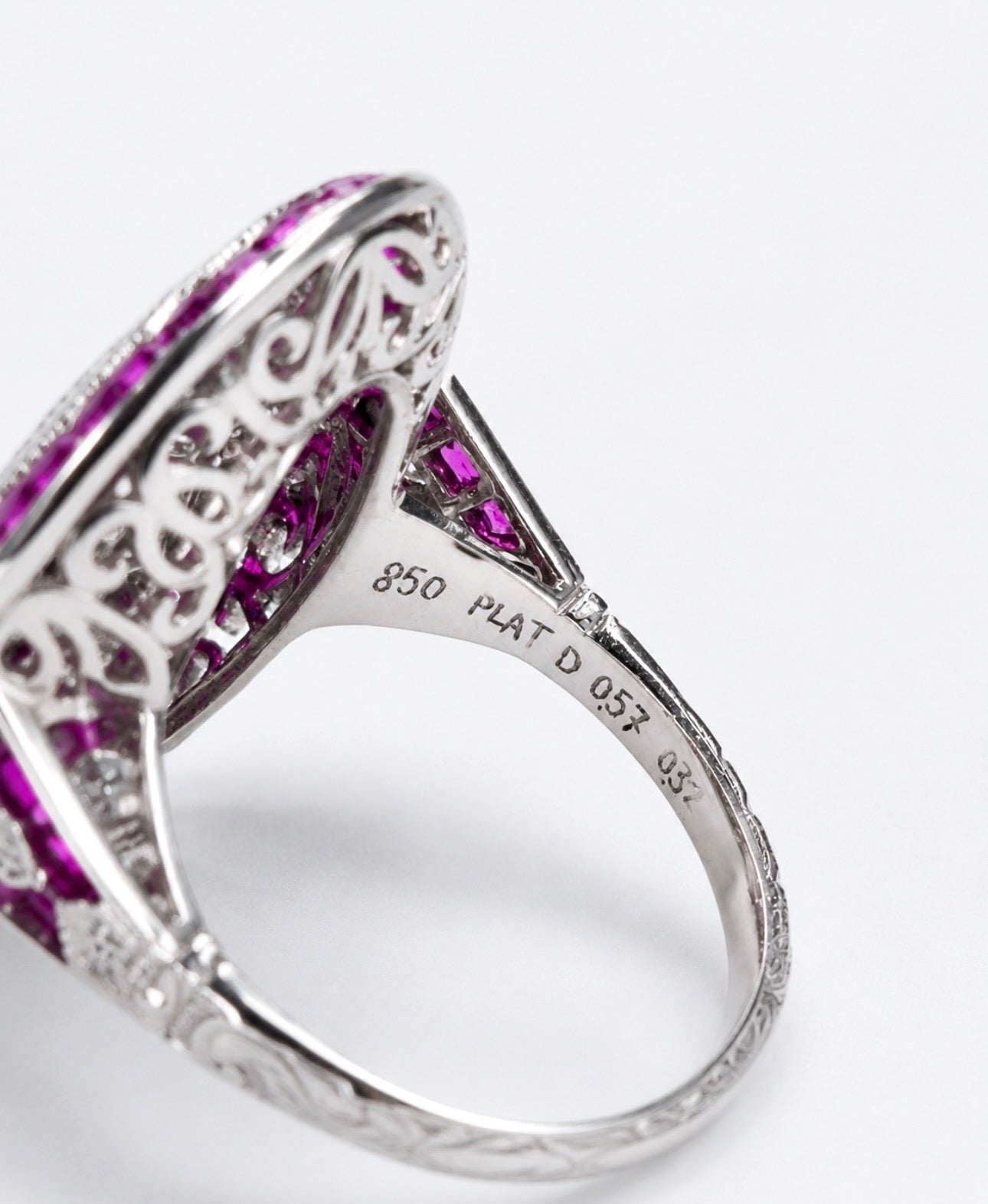 Art Deco Style Platinum Diamond, Calibre Ruby Plaque Ring, Old European Diamond 0.57 carats - overall diamond carat weight 2.07