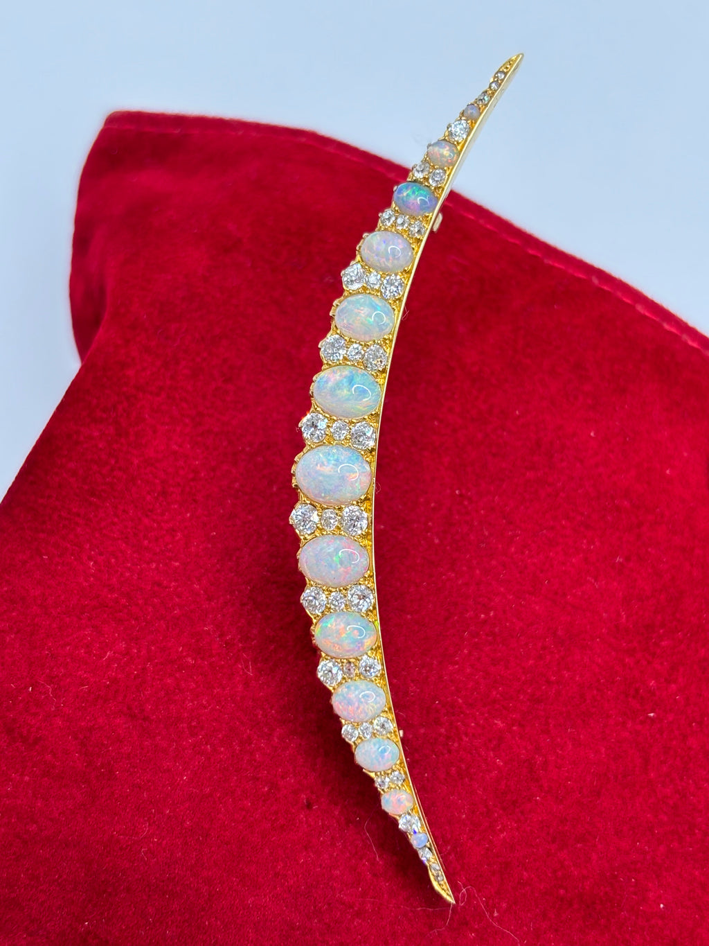 Edwardian 18K Gold Opal & Old Mine Cut Diamond Crescent Brooch, circa 1900