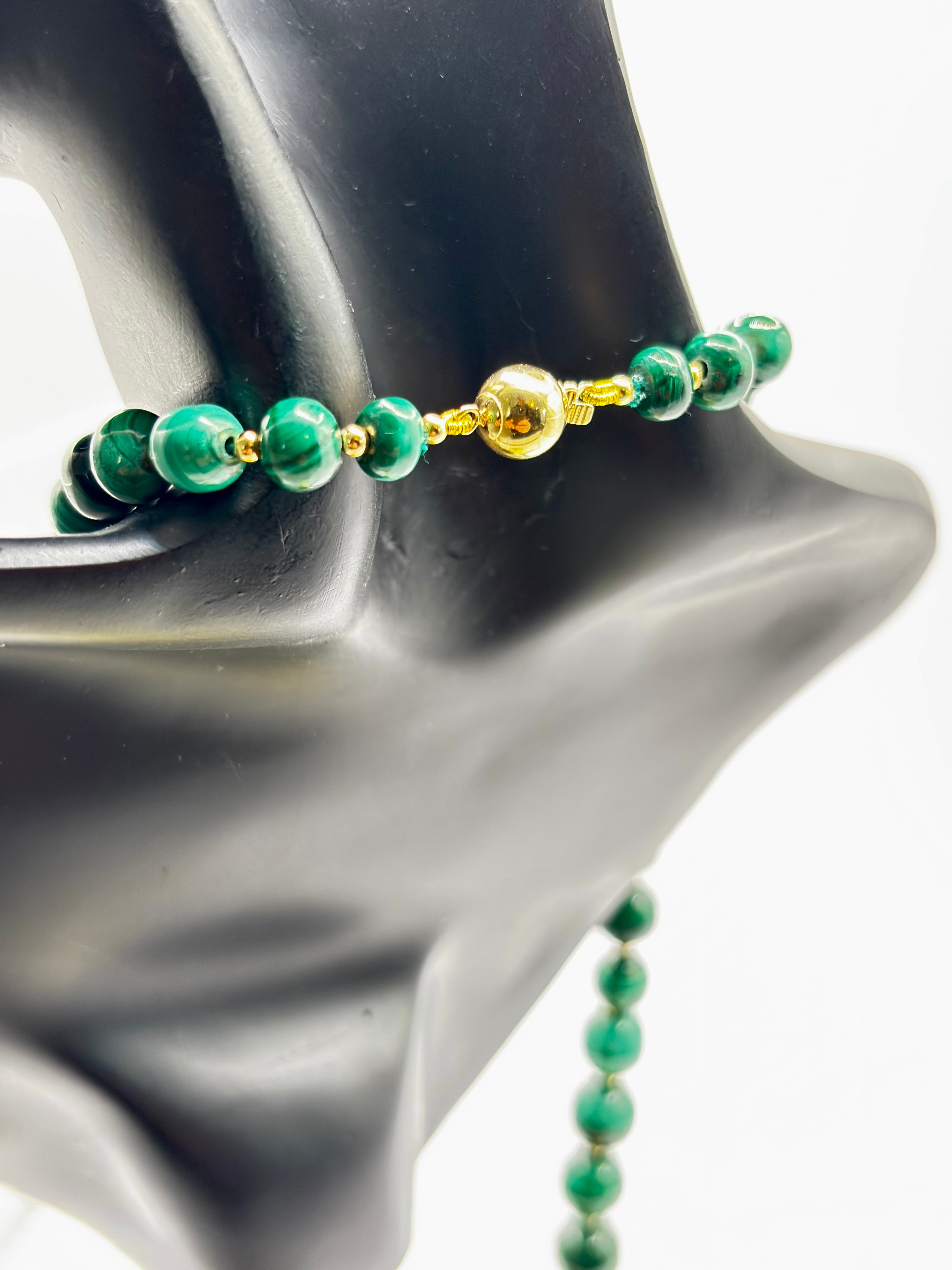 Vintage Malachite Bead Necklace, Graduated, 18k Gold Spacers & Clasp, 53cm long