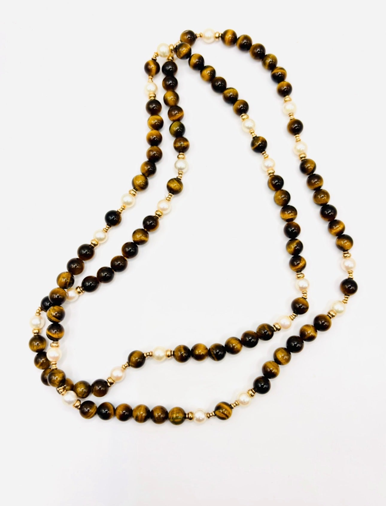 Vintage 90cm Long Tiger’s Eye, Pearl and Gold Continuous Bead Necklace