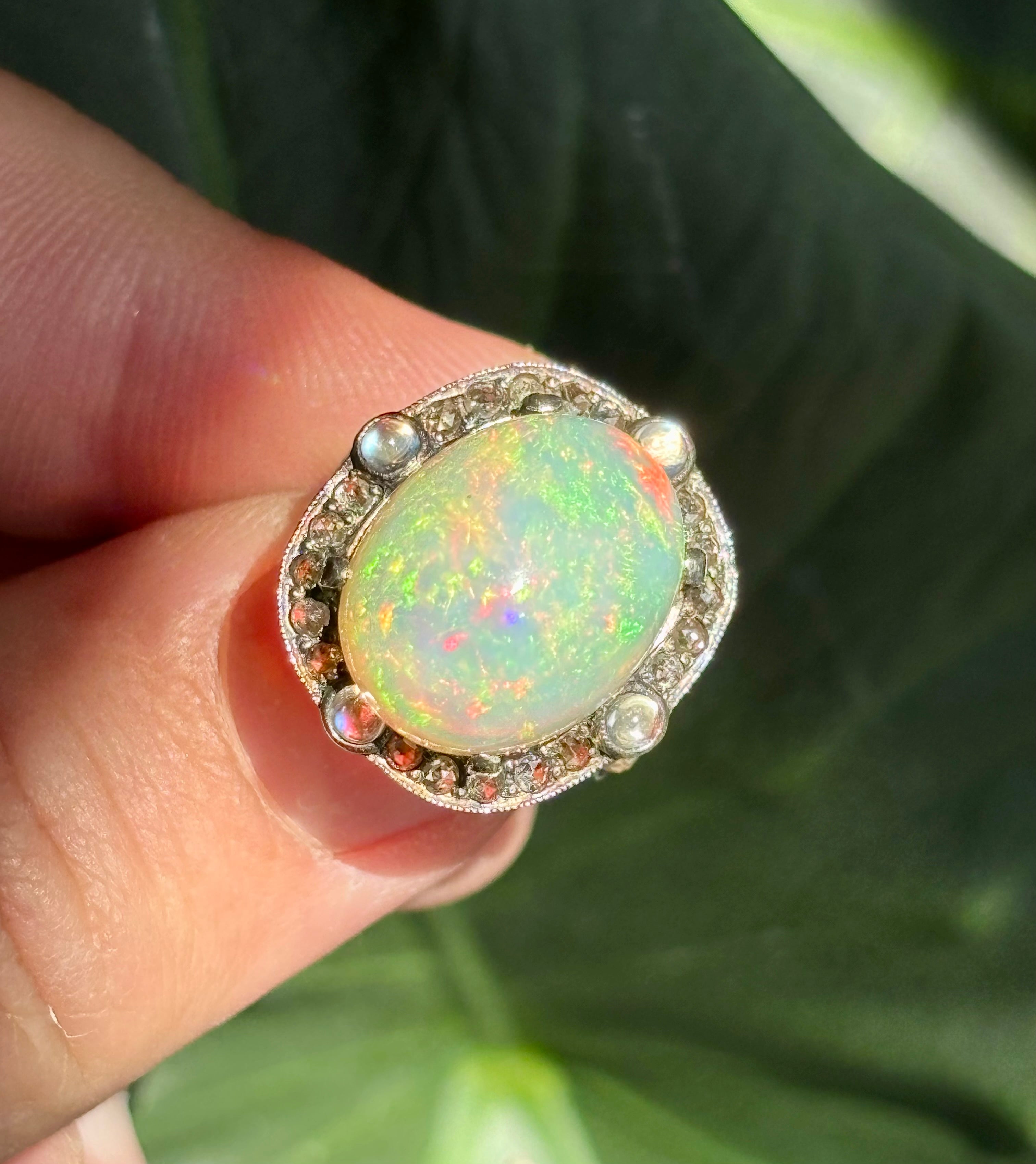 Late Victorian Certified 13.5 Carat Precious Opal Diamond Cluster Ring