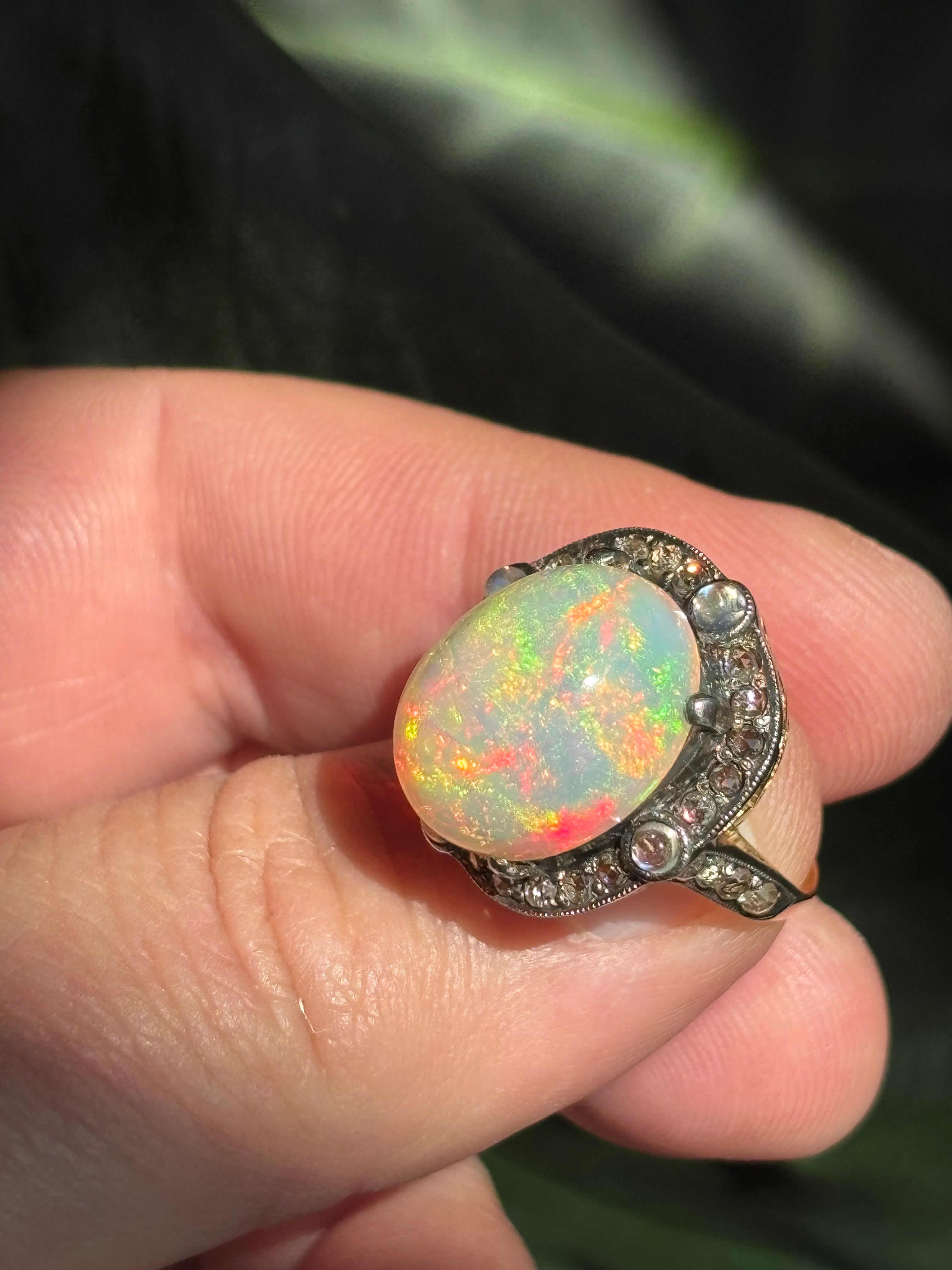 Late Victorian Certified 13.5 Carat Precious Opal Diamond Cluster Ring