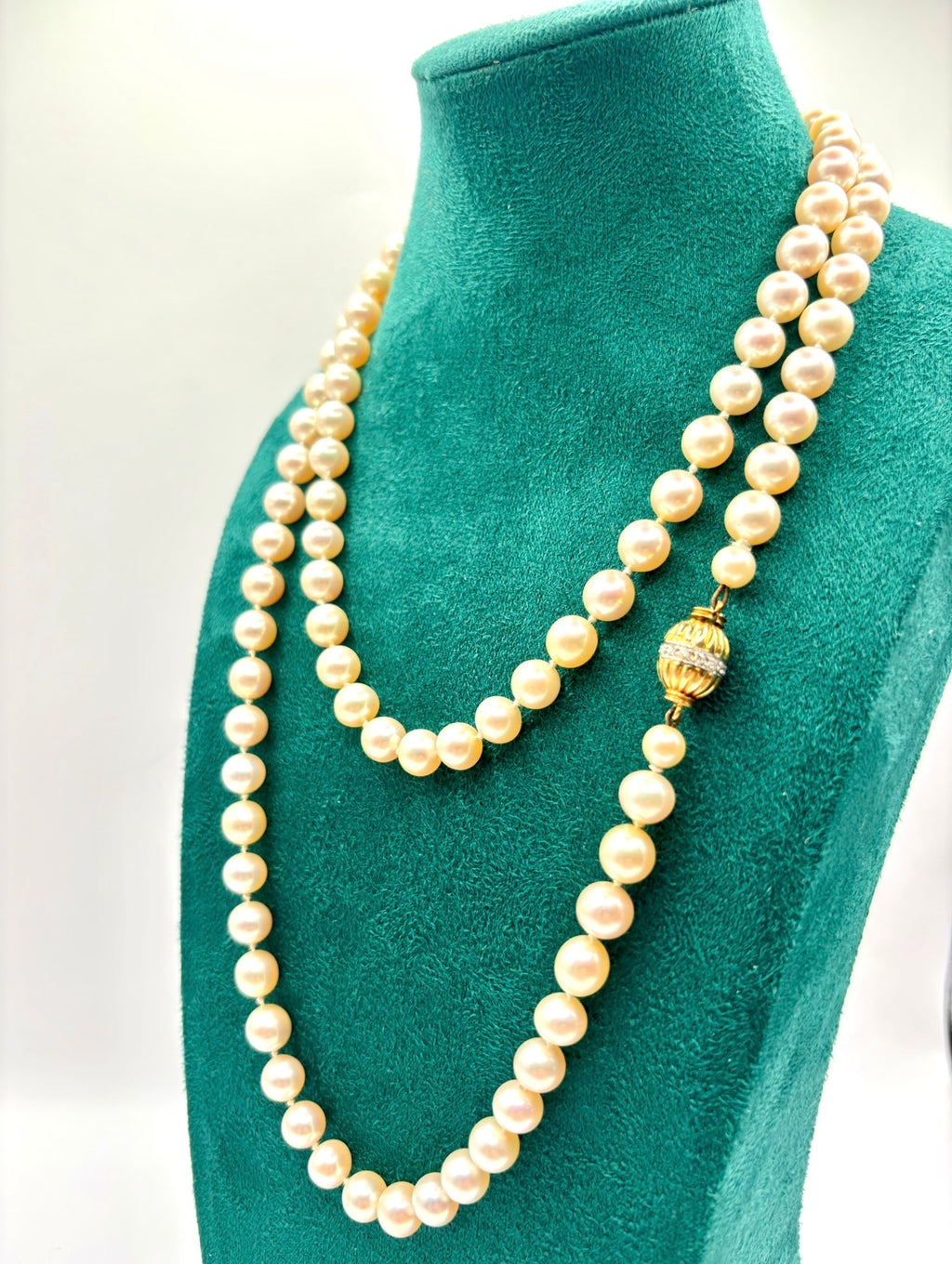Exceptional Long Akoya Pearl Necklace, 97cm, 8mm Pearls, Hallmarked 18K Gold