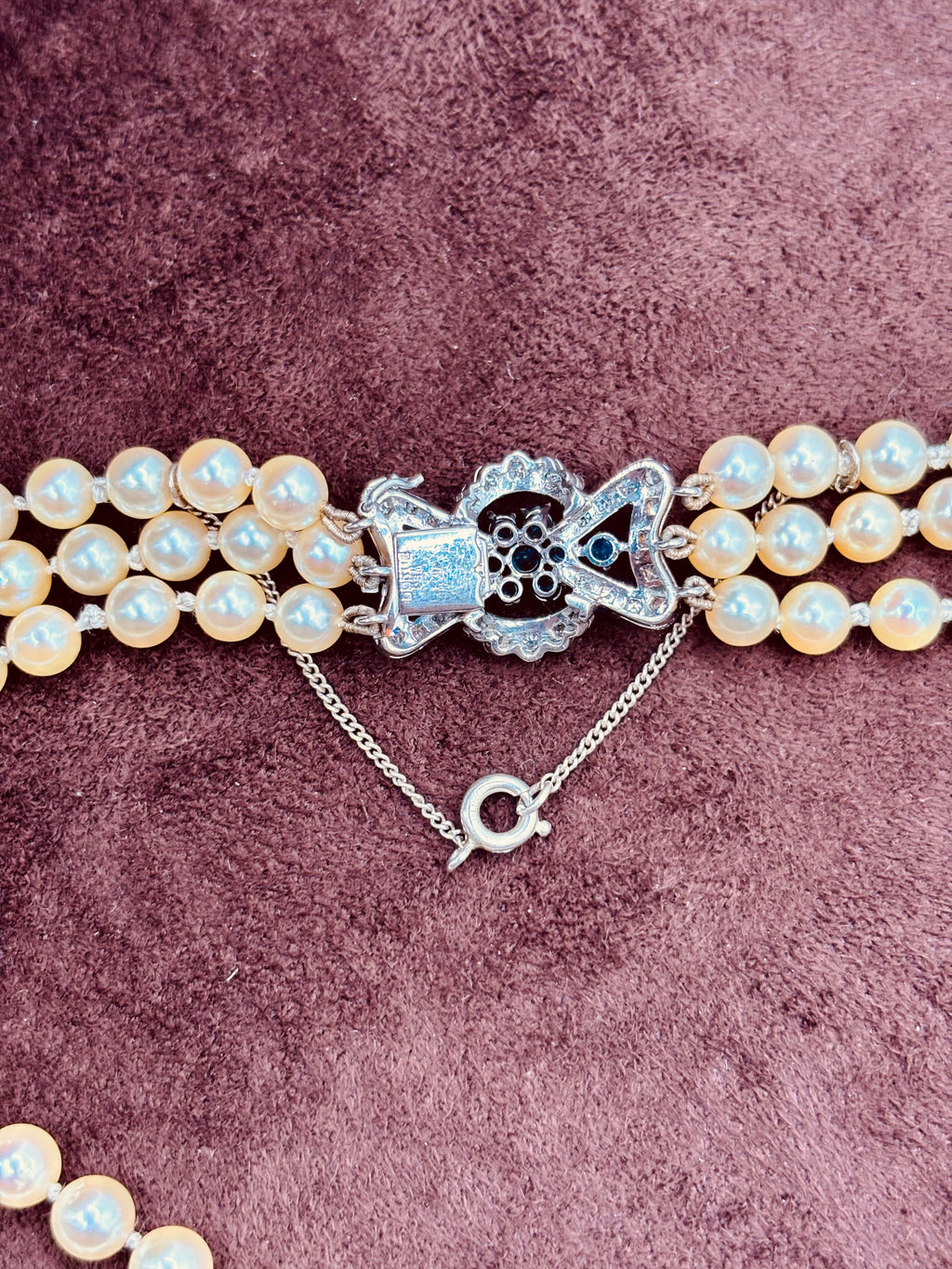 Vintage Triple-Strand Cultured Akoya Pearl Necklace 18K Carat Diamond Sapphire Bow Clasp, Circa 1960’s