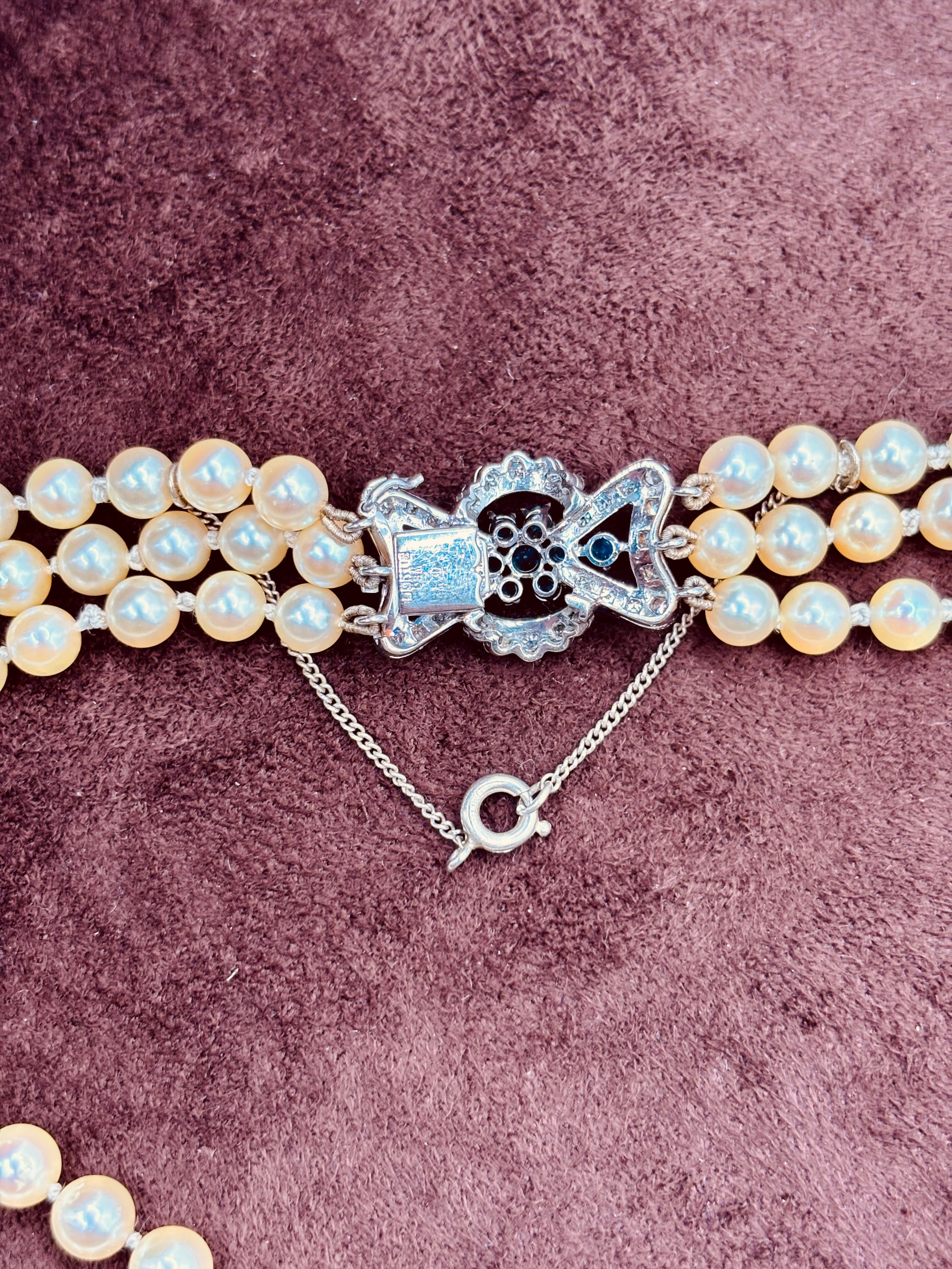 Vintage Triple-Strand Cultured Akoya Pearl Necklace 18K Carat Diamond Sapphire Bow Clasp, Circa 1960’s