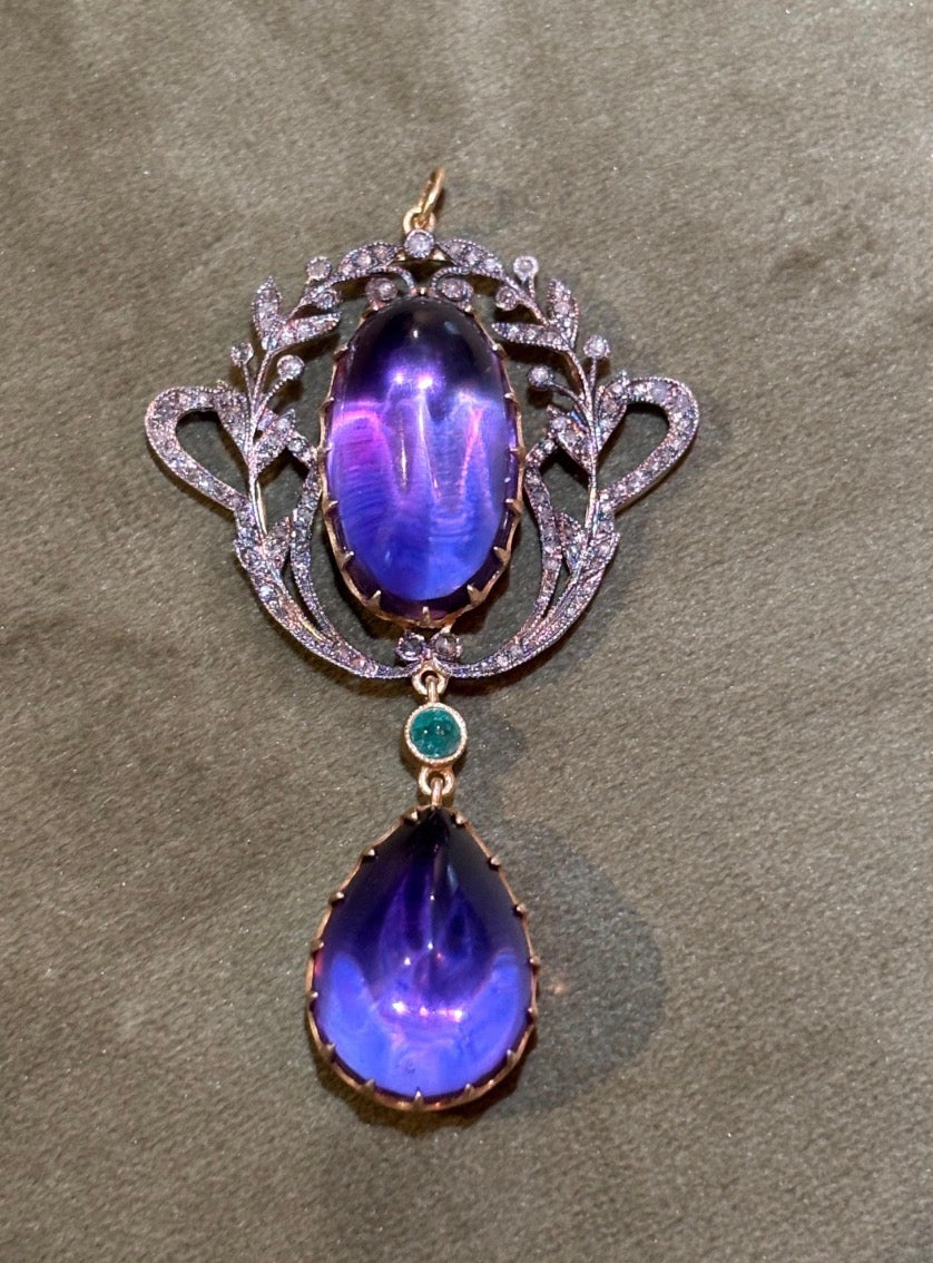 EDWARDIAN CABOCHON AMETHYST Diamonds and Emerald Silver Gilt Pendant