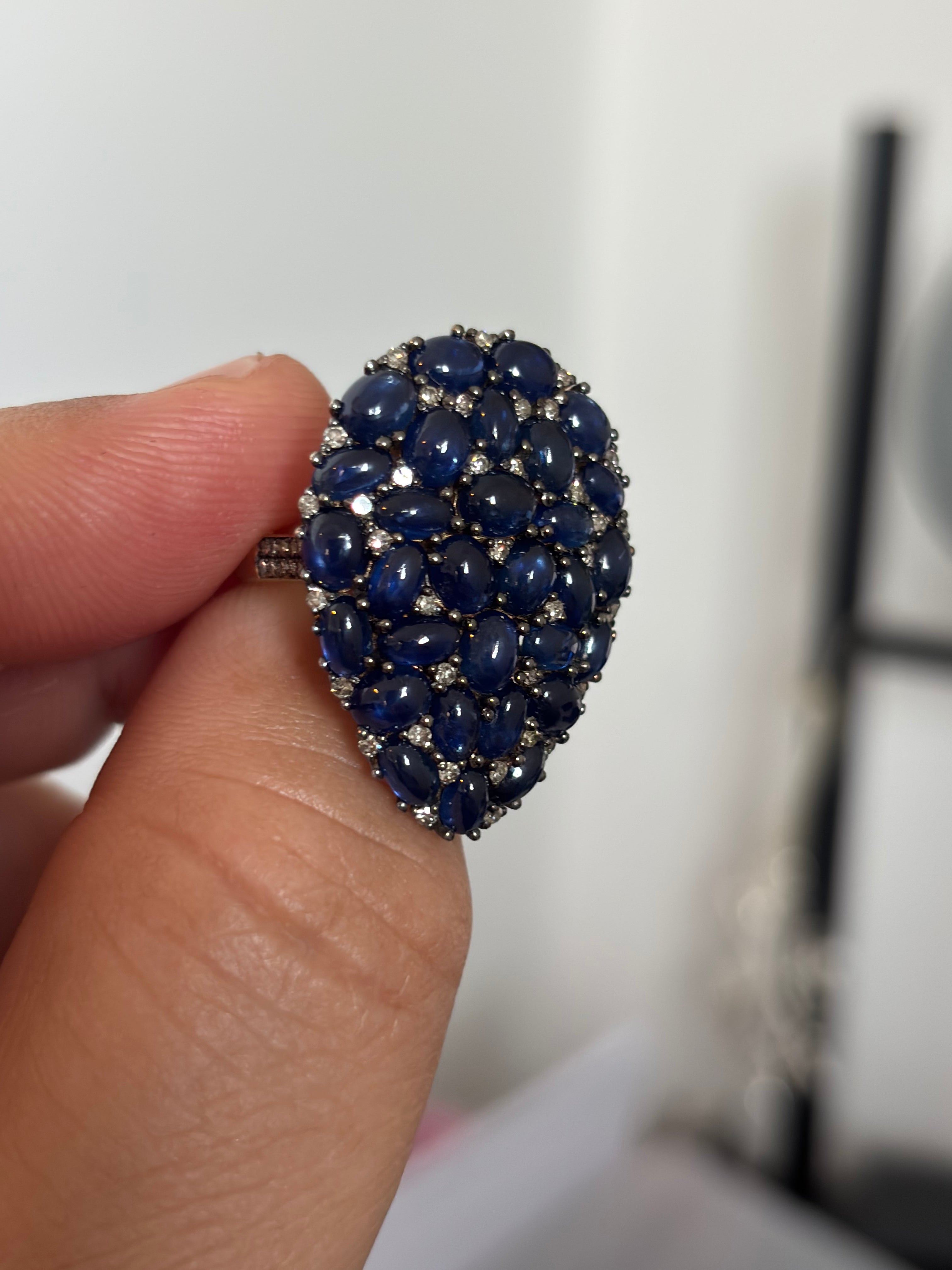 Natural Sapphire Cabochon and Diamond Statement Cocktail Ring, 13 Carats, 18K Gold & SIlver