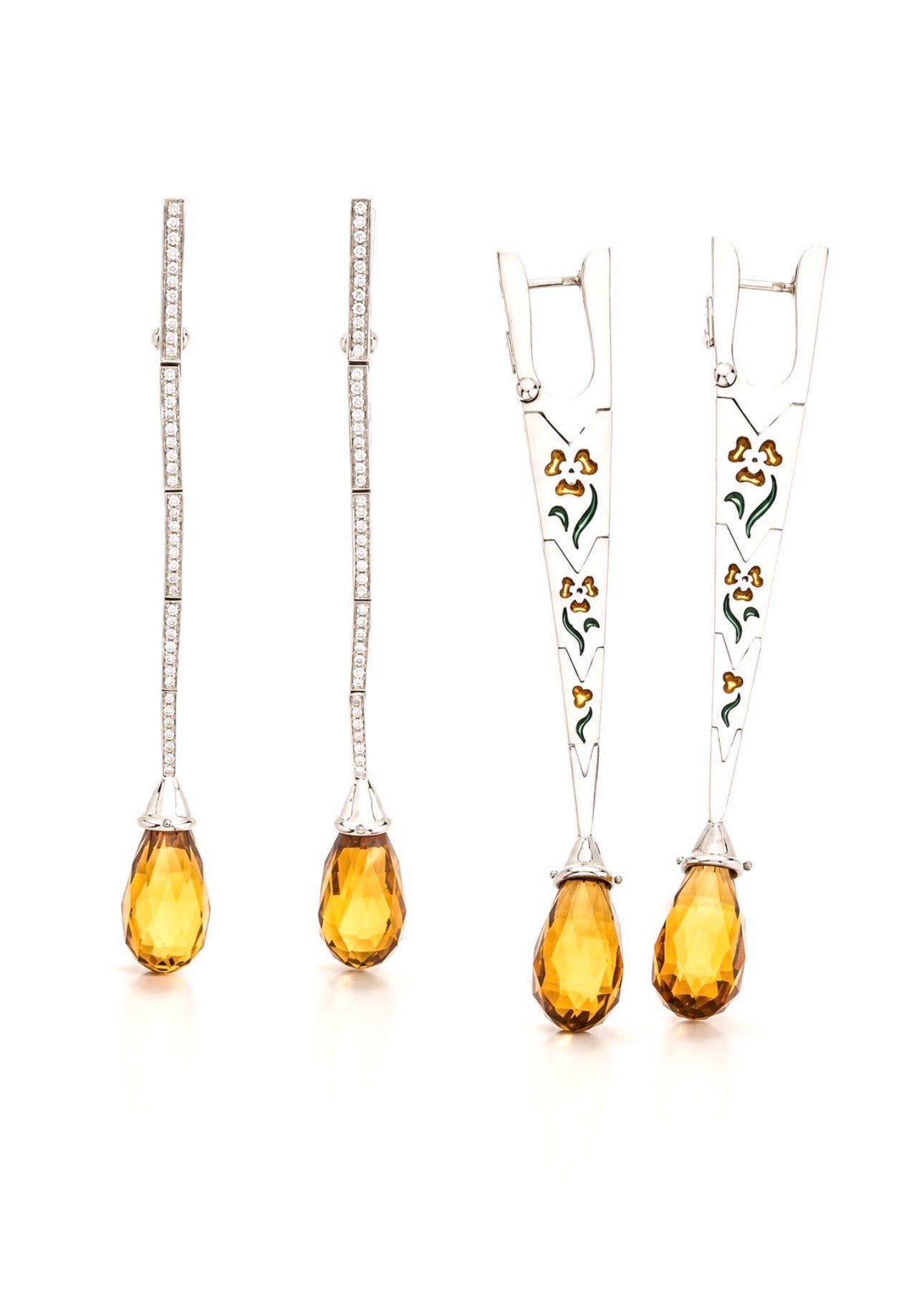 Long Architectural 18K Gold Citrine Briolette Diamond and Enamel Drop Earrings