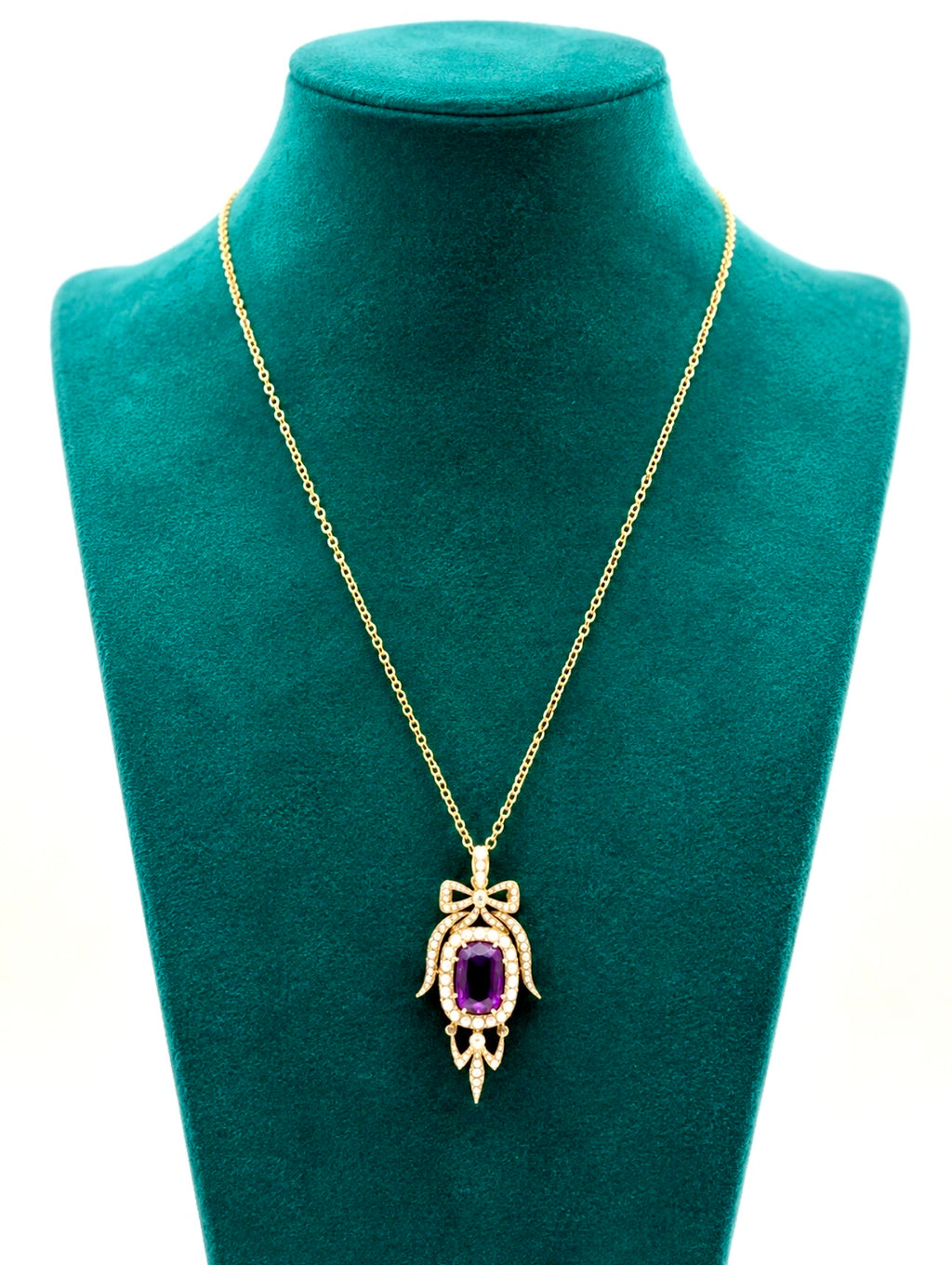 Antique Edwardian Amethyst Pearl Diamond Pendant Necklace in Gold.