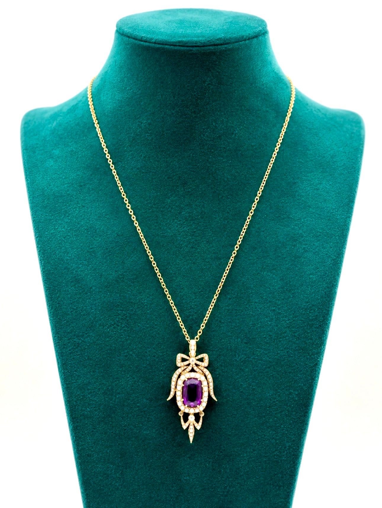 Antique Edwardian Amethyst Pearl Diamond Pendant Necklace in Gold.