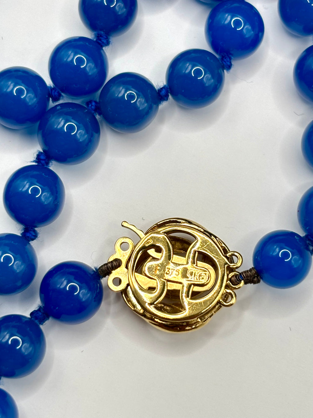 Vintage Blue Agate Bead Necklace, Gold Clasp, 71 cm Length, 53 grams