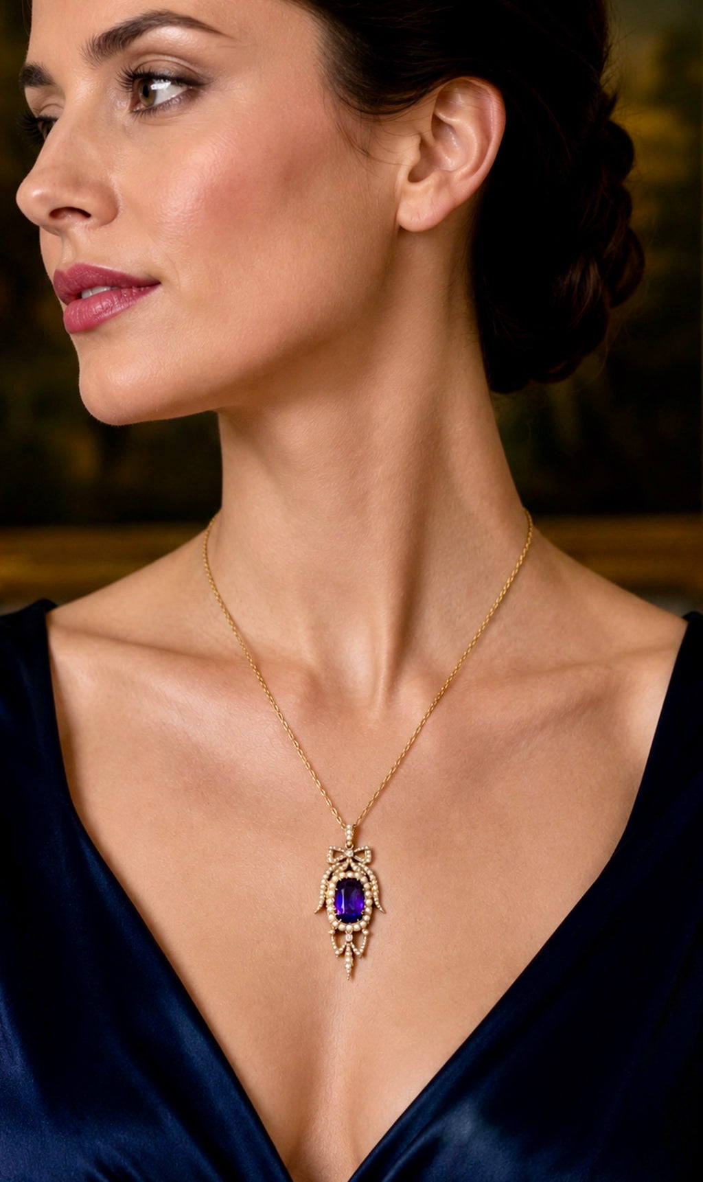 Antique Edwardian Amethyst Pearl Diamond Pendant Necklace in Gold.
