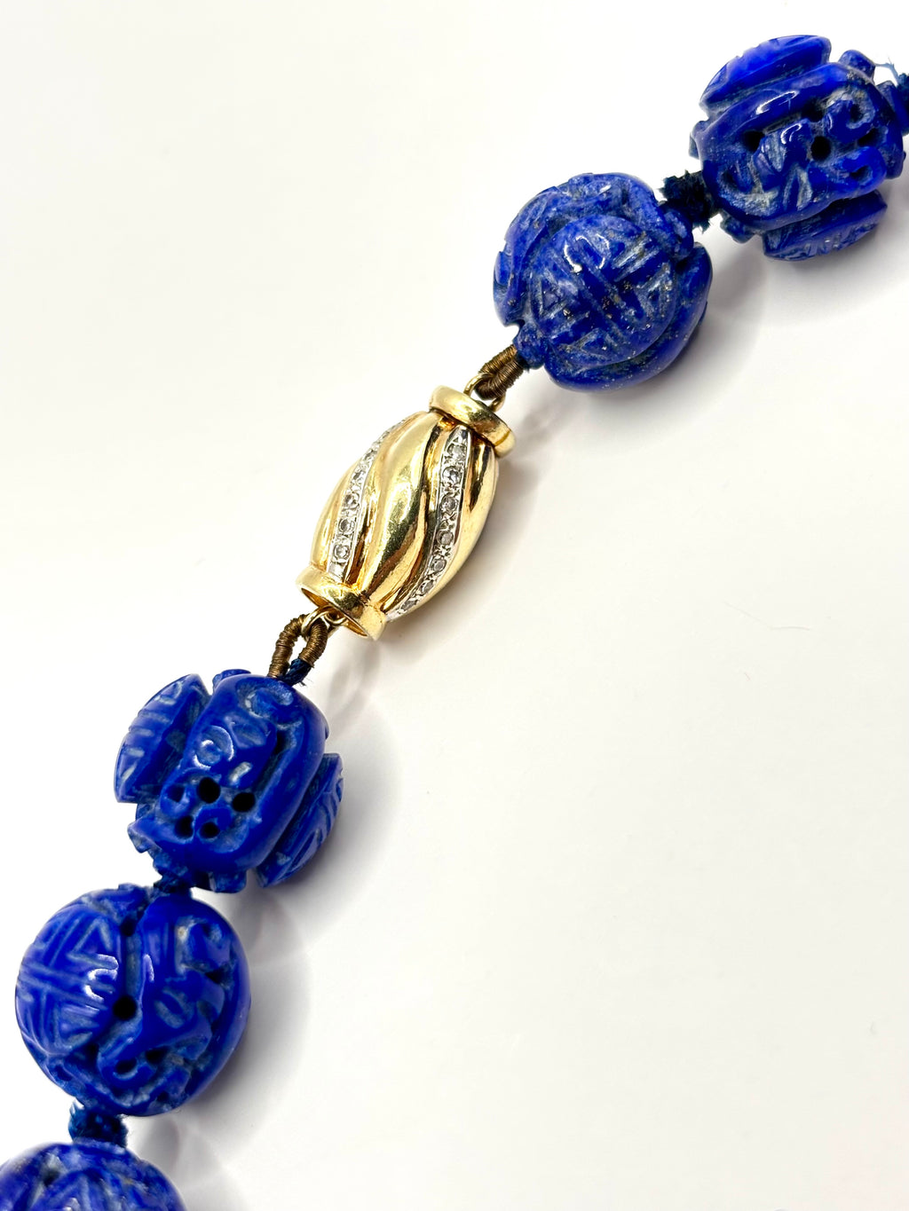 Vintage Carved Lapis Lazuli Bead Necklace with Diamond Set 14 Karat Gold Clasp