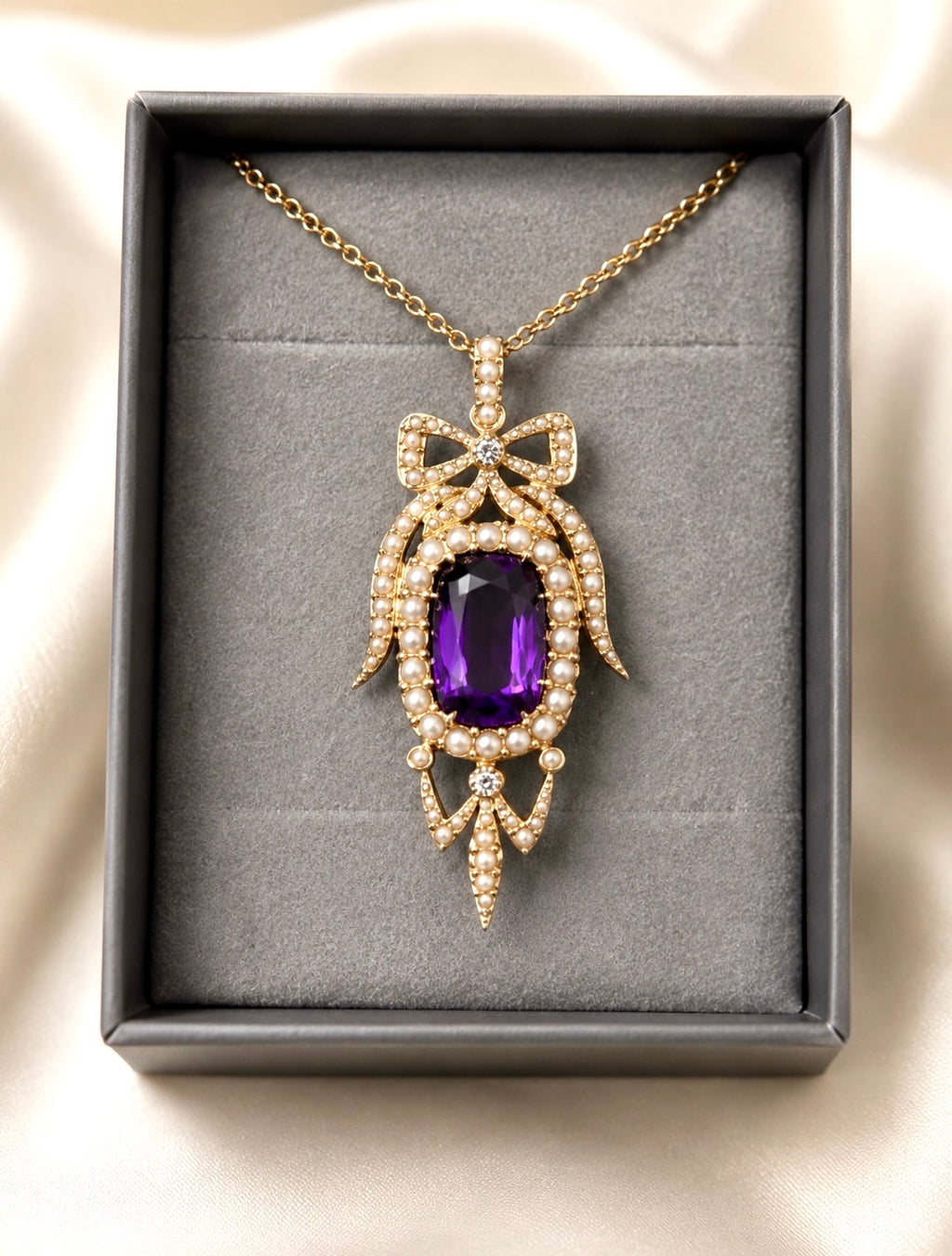 Antique Edwardian Amethyst Pearl Diamond Pendant Necklace in Gold.