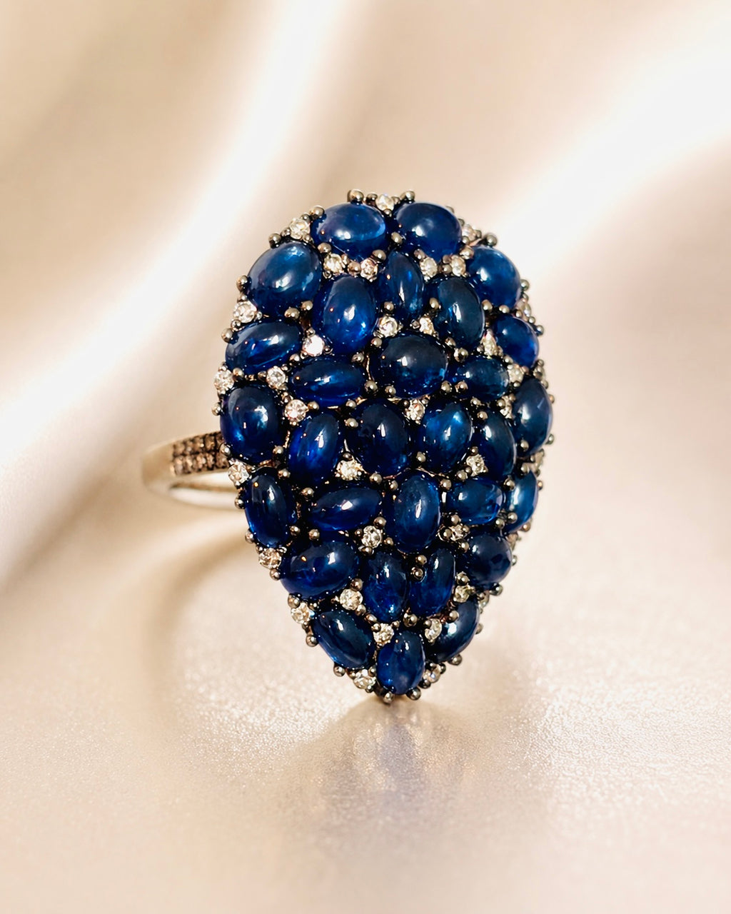 Natural Sapphire Cabochon and Diamond Statement Cocktail Ring, 13 Carats, 18K Gold & SIlver