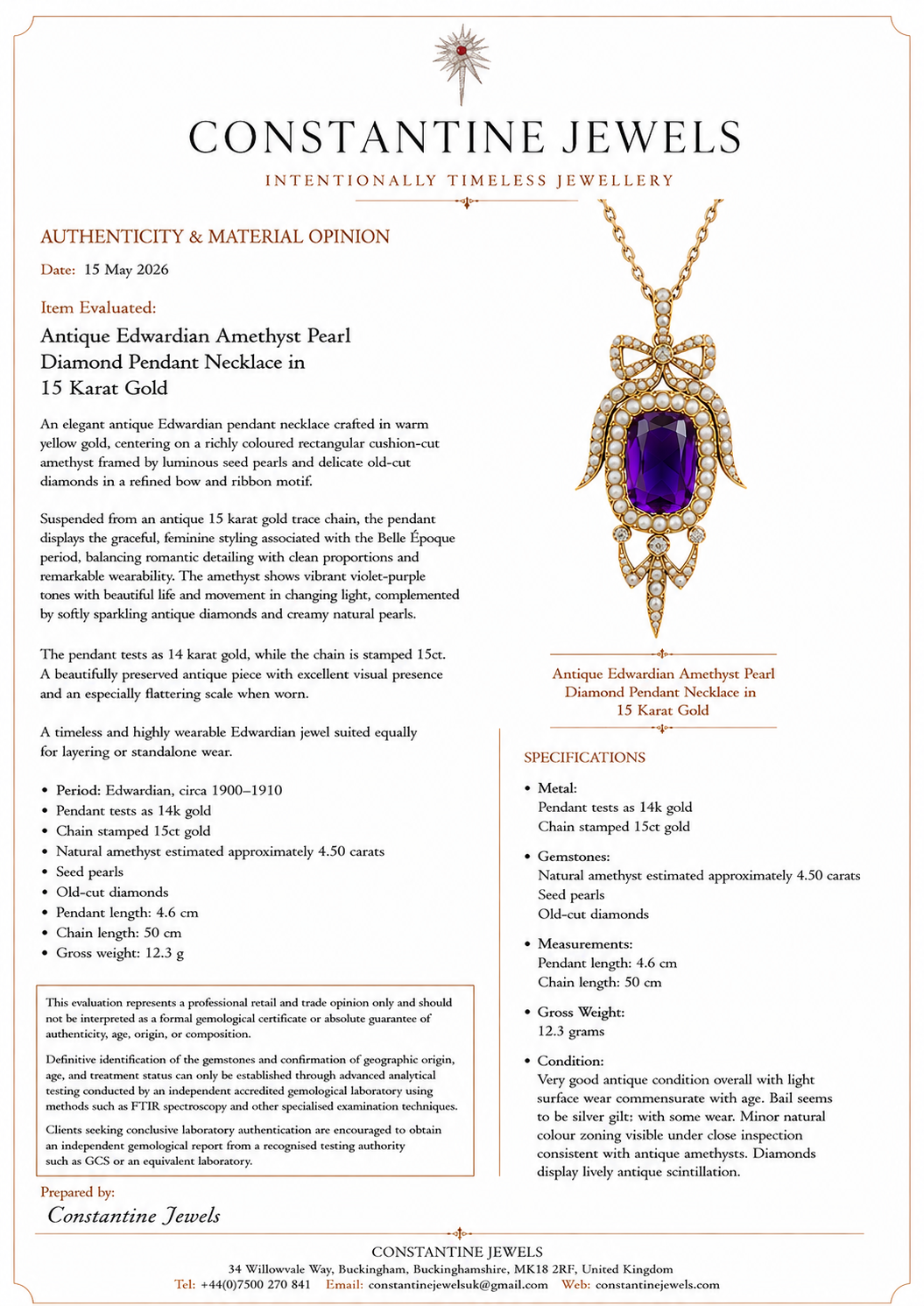Antique Edwardian Amethyst Pearl Diamond Pendant Necklace in Gold.
