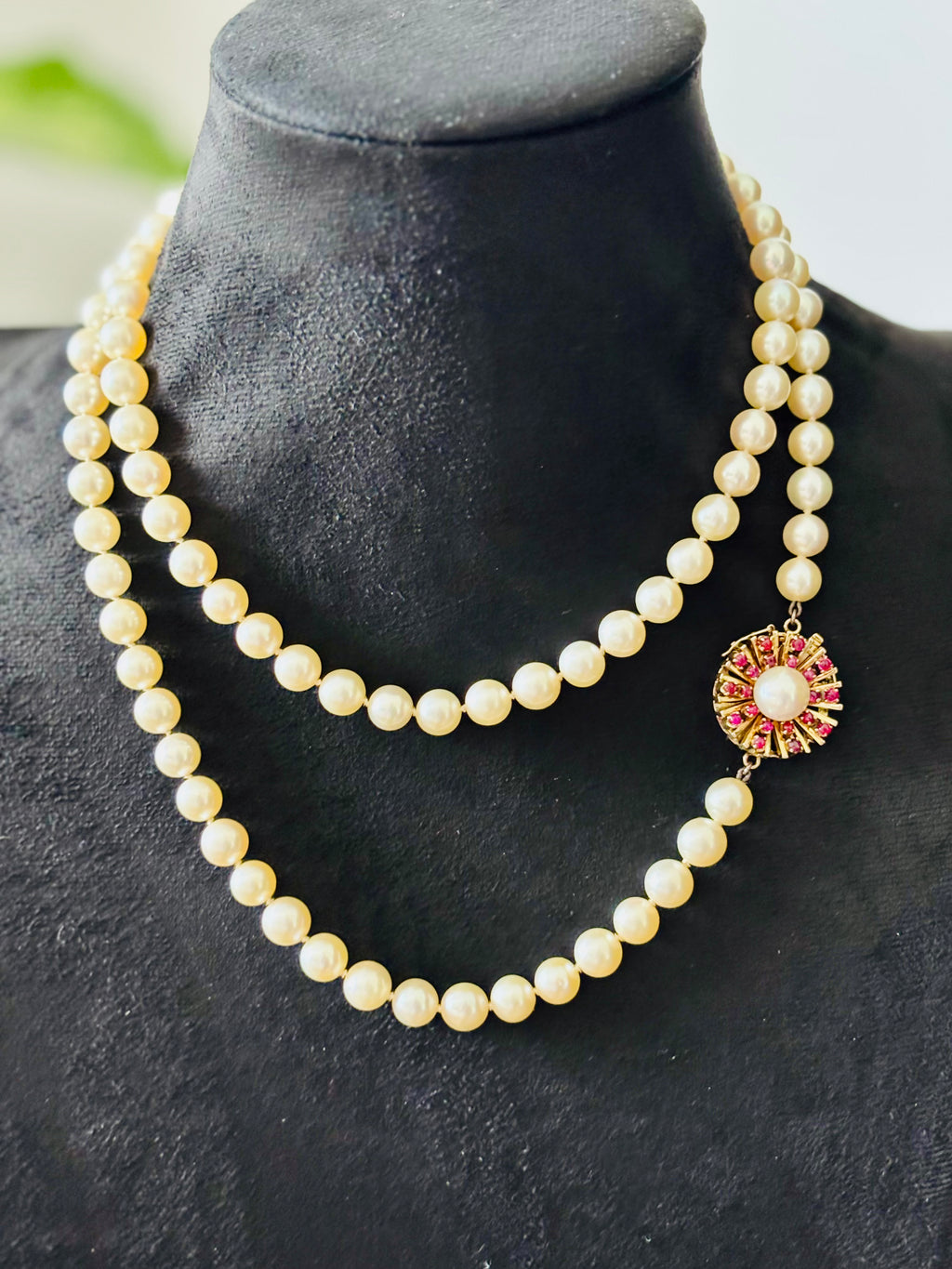 Akoya Cultured Pearl Opera Necklace, 7–8mm, 83cm, Gold & Ruby Clasp with Large Central Pearl