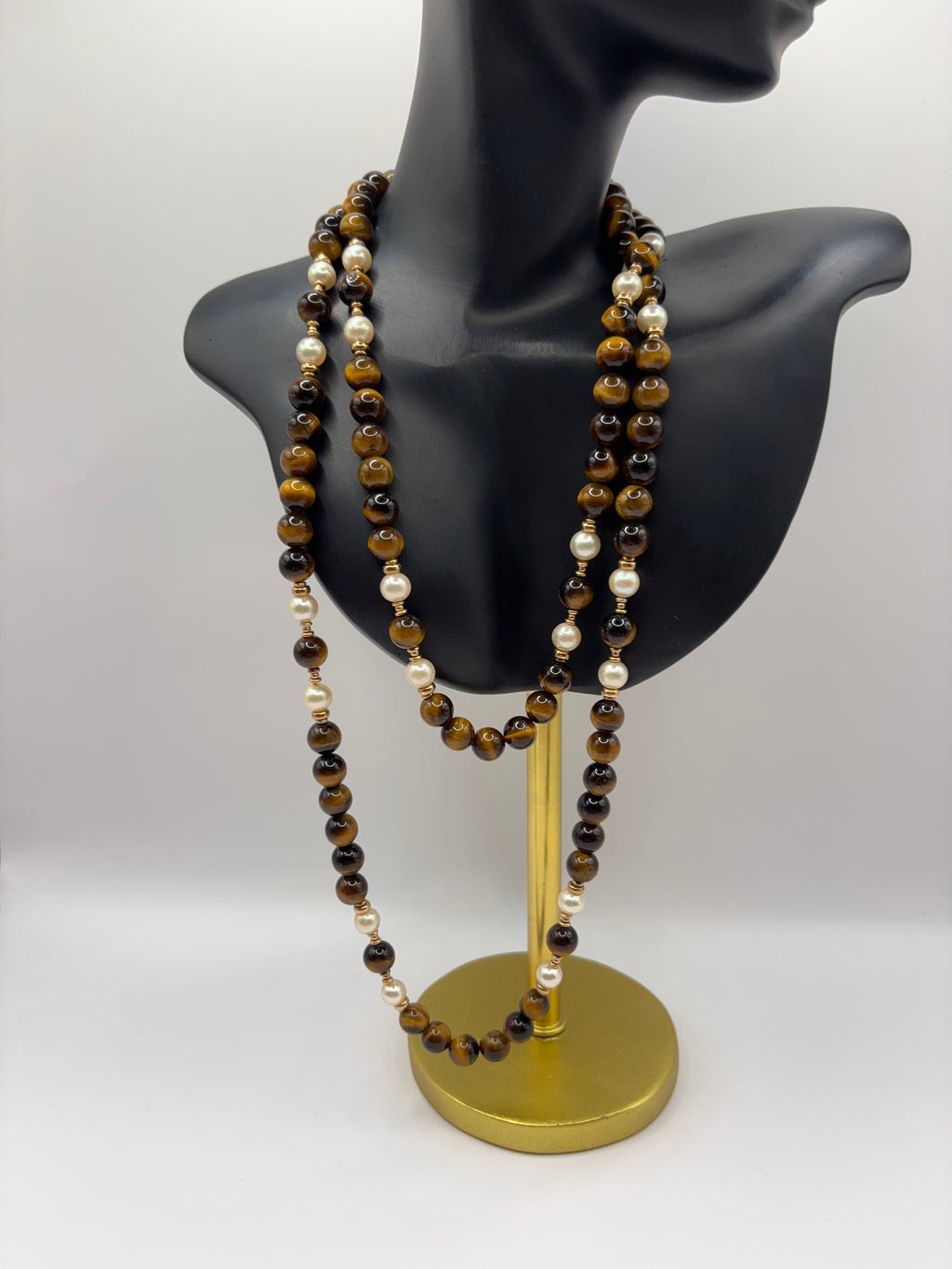Vintage 90cm Long Tiger’s Eye, Pearl and Gold Continuous Bead Necklace