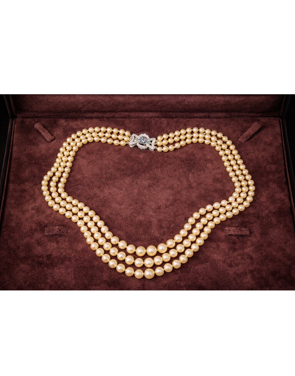 Vintage Triple-Strand Cultured Akoya Pearl Necklace 18K Carat Diamond Sapphire Bow Clasp, Circa 1960’s