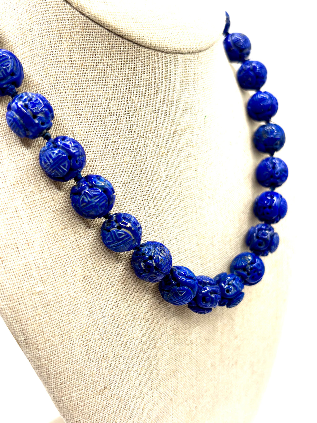 Vintage Carved Lapis Lazuli Bead Necklace with Diamond Set 14 Karat Gold Clasp