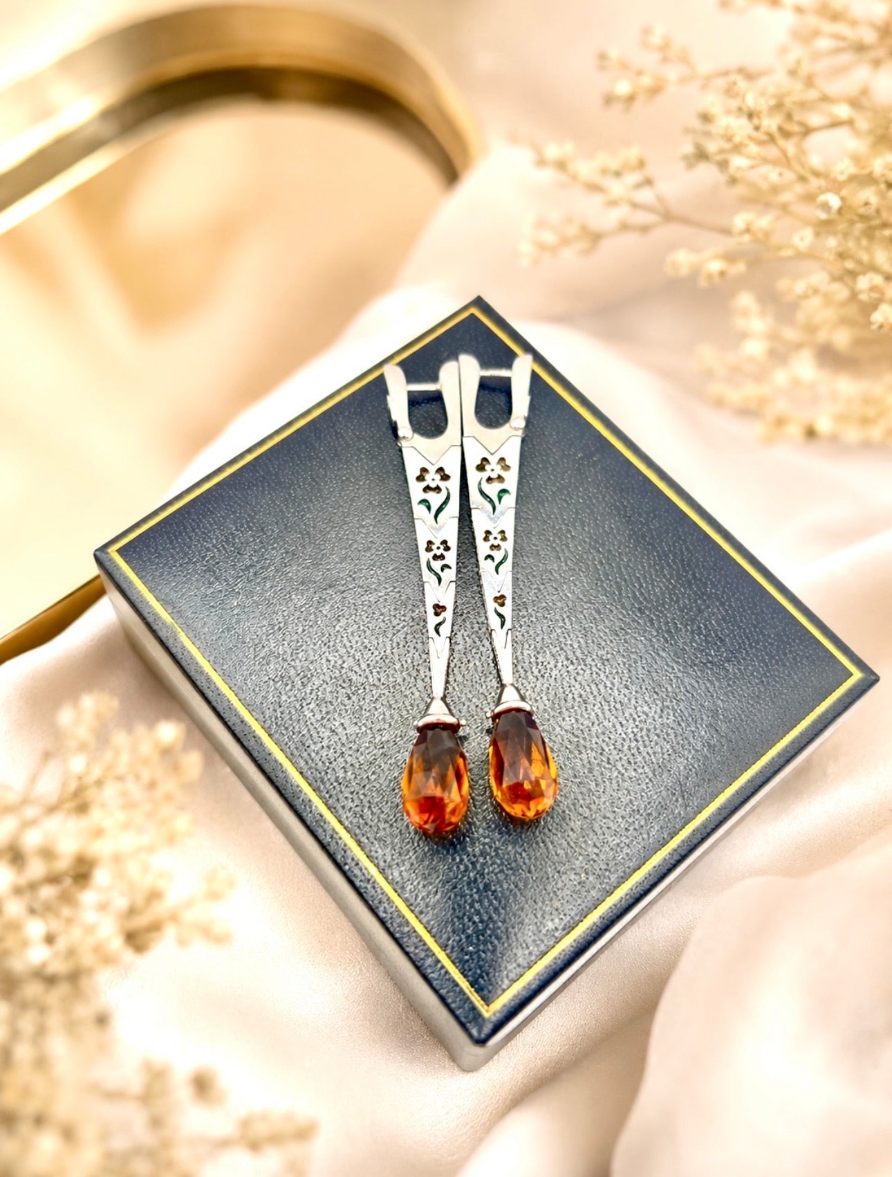Long Architectural 18K Gold Citrine Briolette Diamond and Enamel Drop Earrings