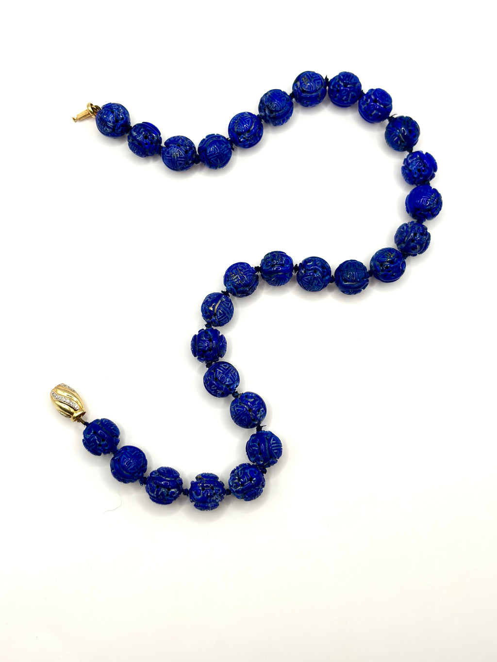 Vintage Carved Lapis Lazuli Bead Necklace with Diamond Set 14 Karat Gold Clasp
