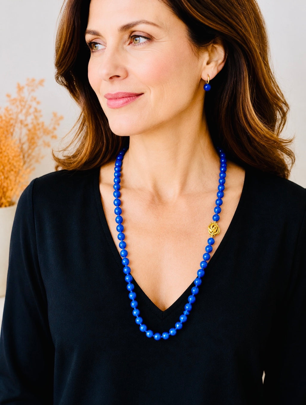 Vintage Blue Agate Bead Necklace, Gold Clasp, 71 cm Length, 53 grams