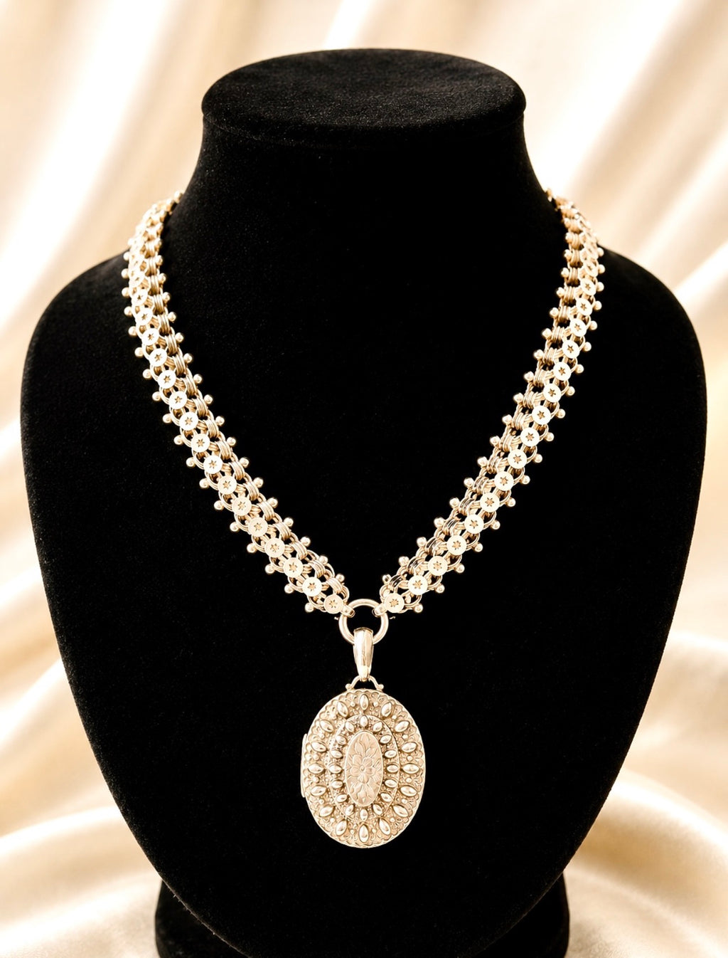 Antique Victorian Sterling Silver Book Chain Necklace with Original Oval Locket