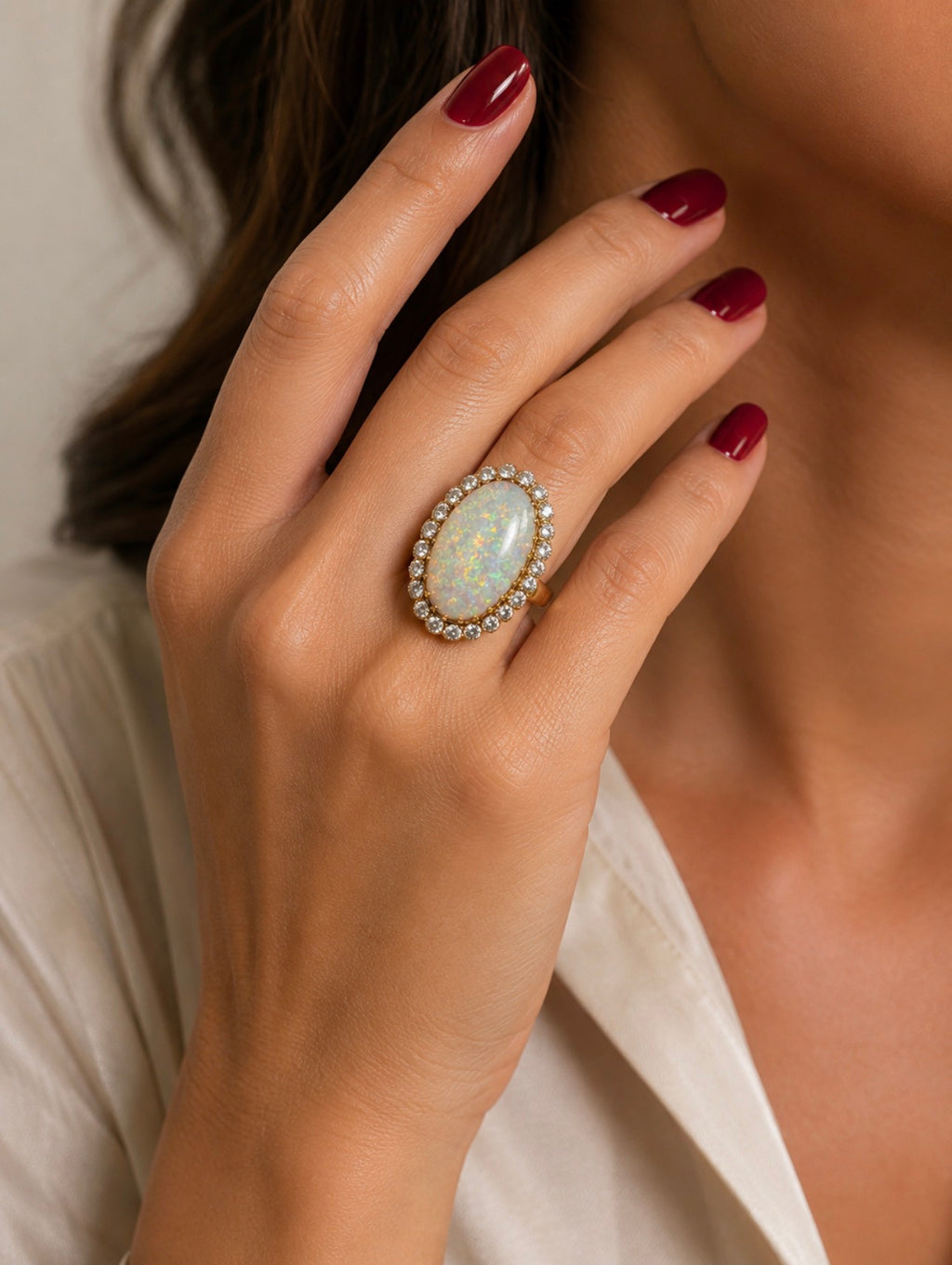 Vintage Large 8.50 carats Australian White Opal Diamond Cluster Ring in 18K Gold