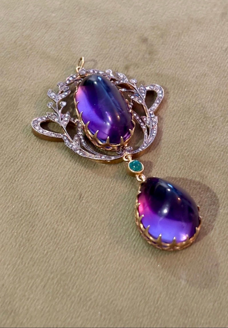 EDWARDIAN CABOCHON AMETHYST Diamonds and Emerald Silver Gilt Pendant