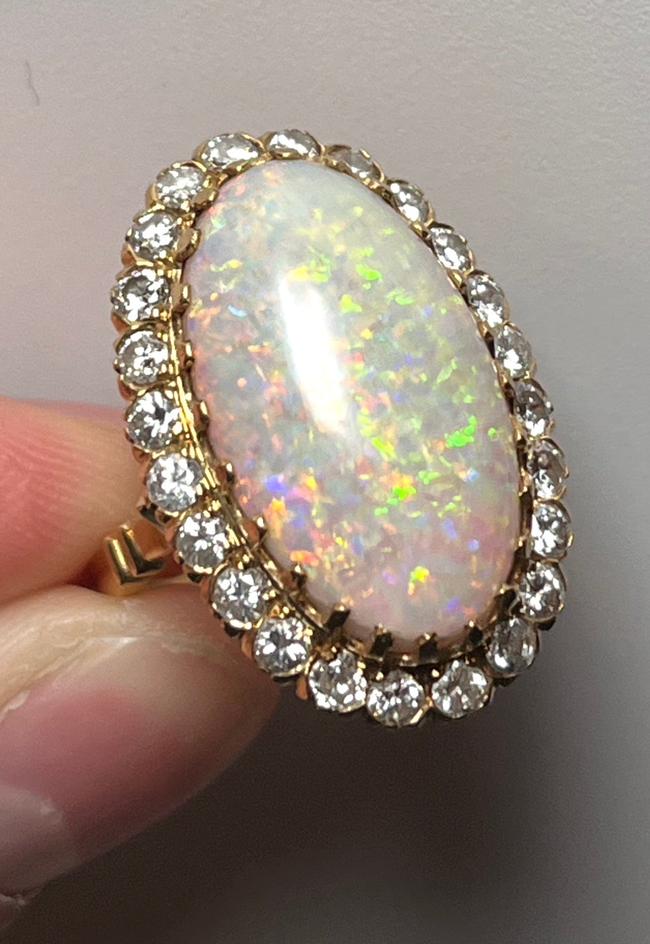 Vintage Large 8.50 carats Australian White Opal Diamond Cluster Ring in 18K Gold