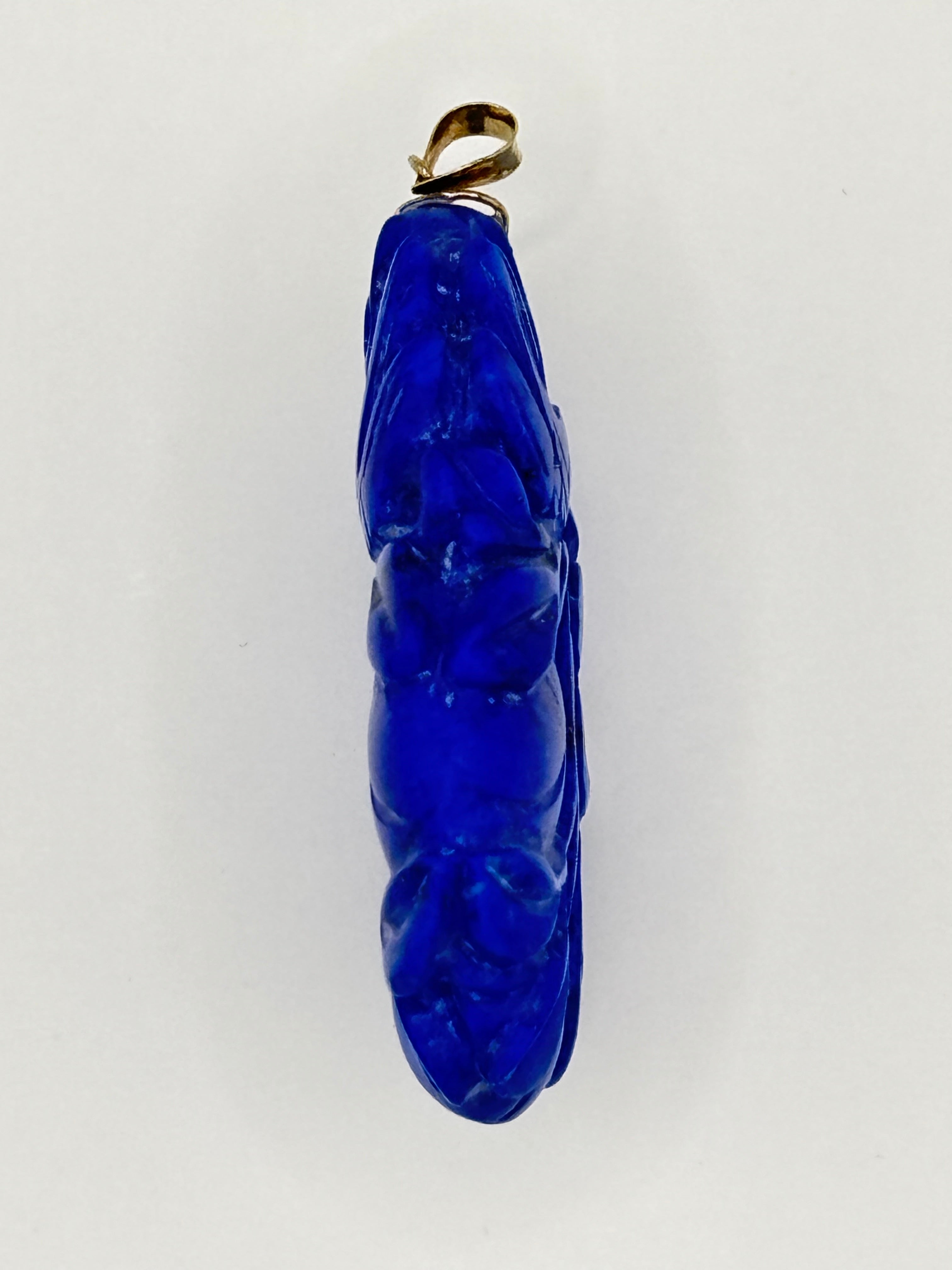 Large Double-Sided Carved Lapis Lazuli Pendant, Figural Bird Motif, Gold Bail