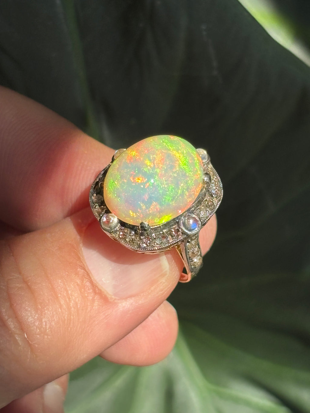 Late Victorian Certified 13.5 Carat Precious Opal Diamond Cluster Ring