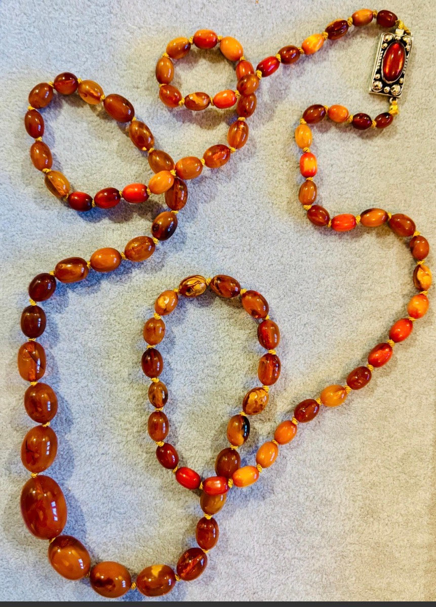 Vintage Graduated Baltic Amber Necklace, 60g, Silver Clasp