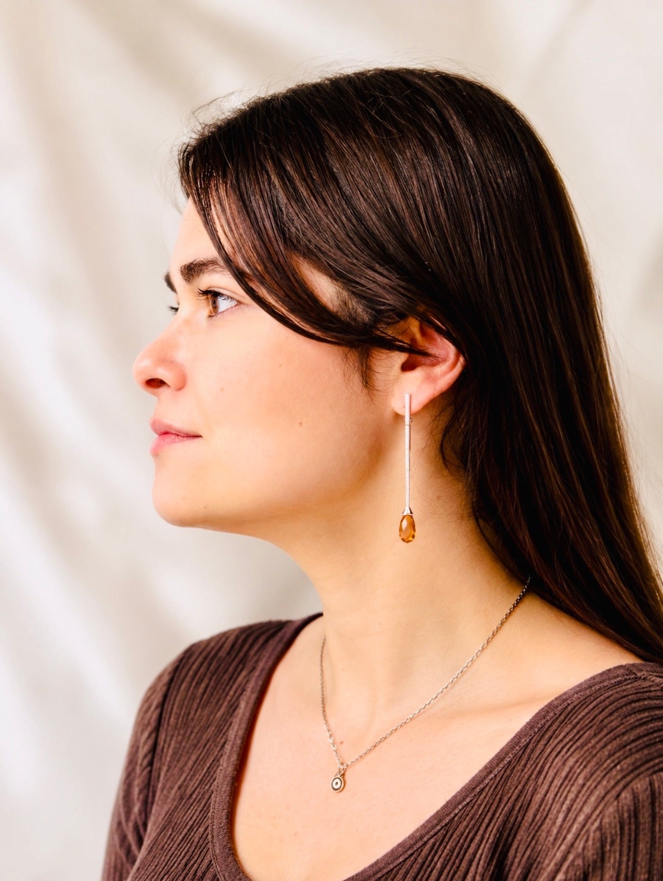 Long Architectural 18K Gold Citrine Briolette Diamond and Enamel Drop Earrings