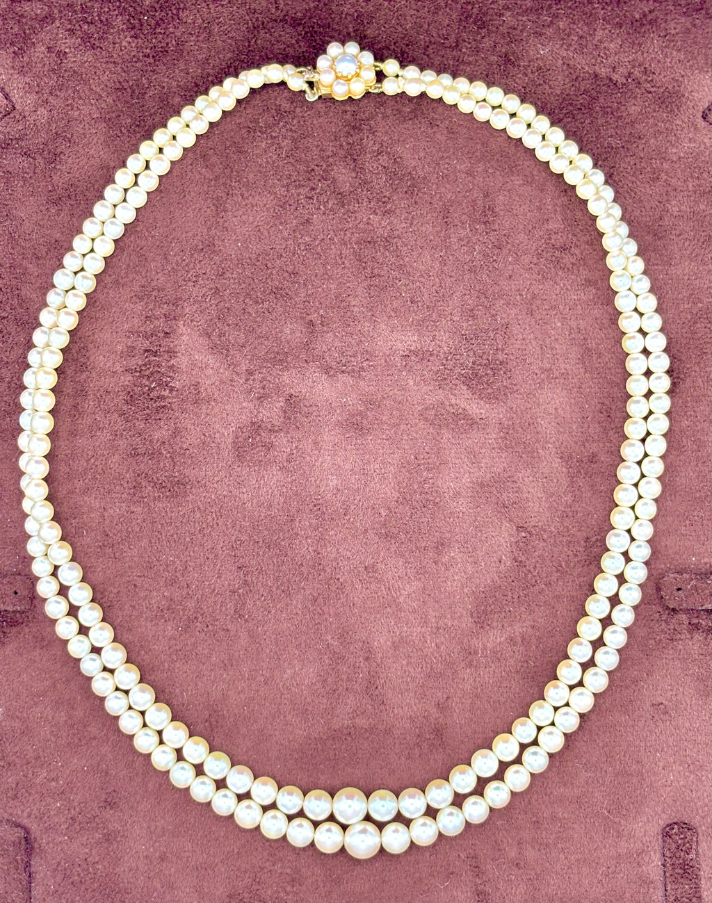 Vintage Double Strand Cultured Pearl Necklace, Graduated, Gold & Pearls Clasp
