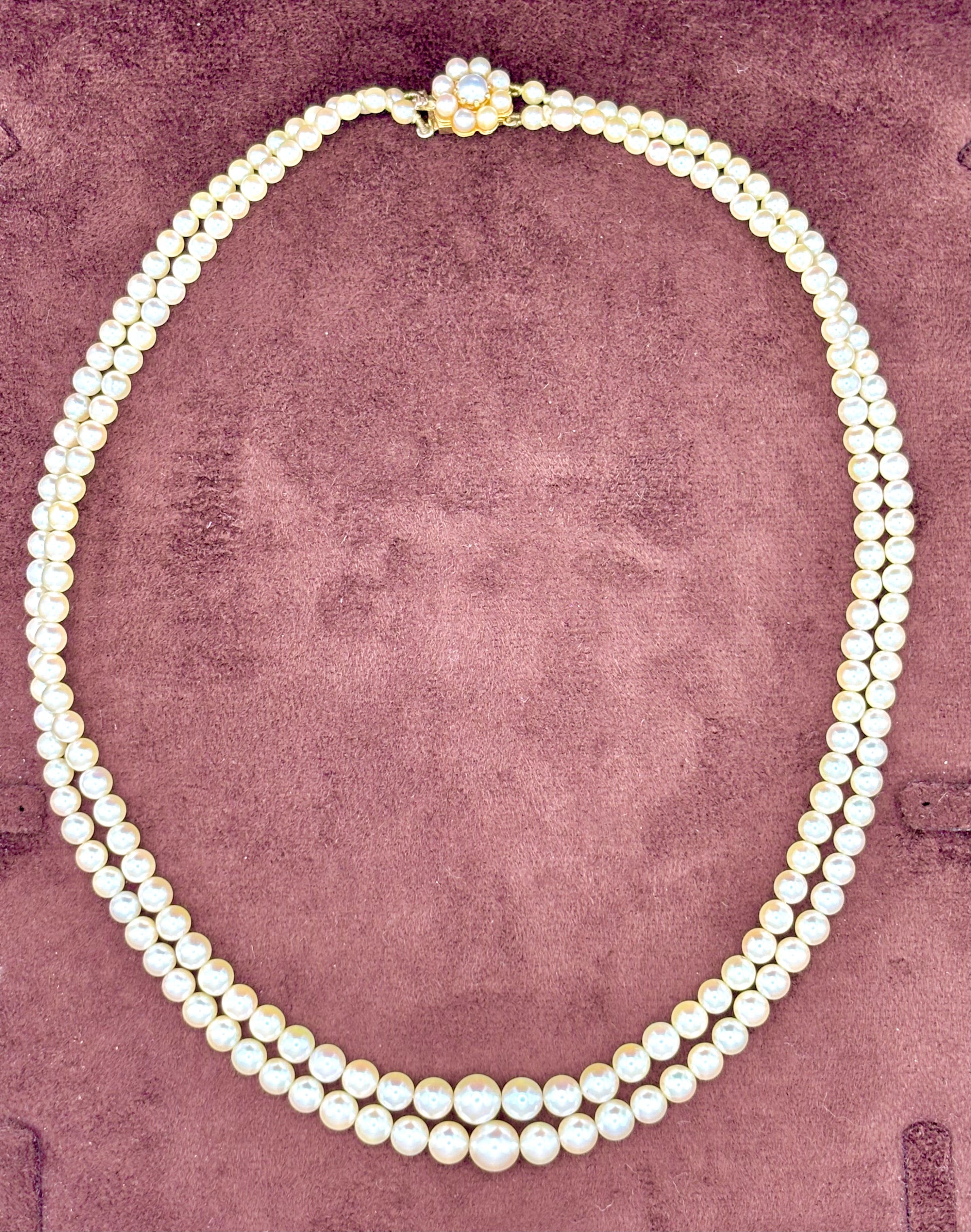 Vintage Double Strand Cultured Pearl Necklace, Graduated, Gold & Pearls Clasp