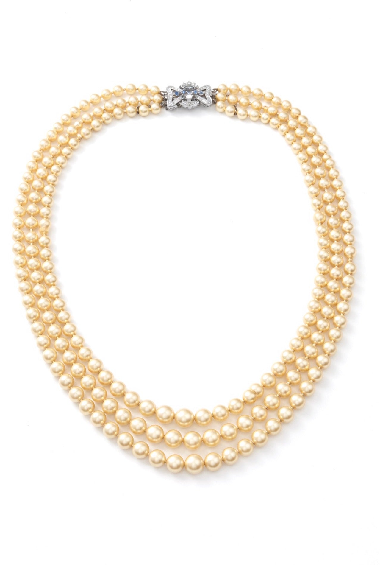 Vintage Triple-Strand Cultured Akoya Pearl Necklace 18K Carat Diamond Sapphire Bow Clasp, Circa 1960’s