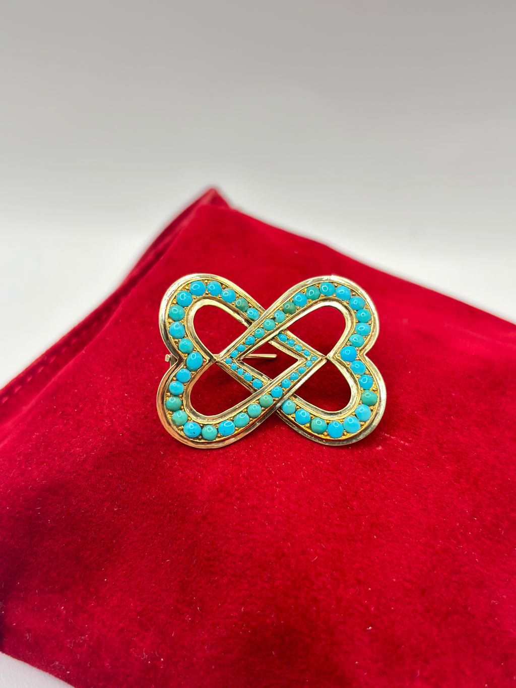 Victorian Turquoise 15ct Gold Double Heart Lover’s Knot Brooch, Circa 1880’s