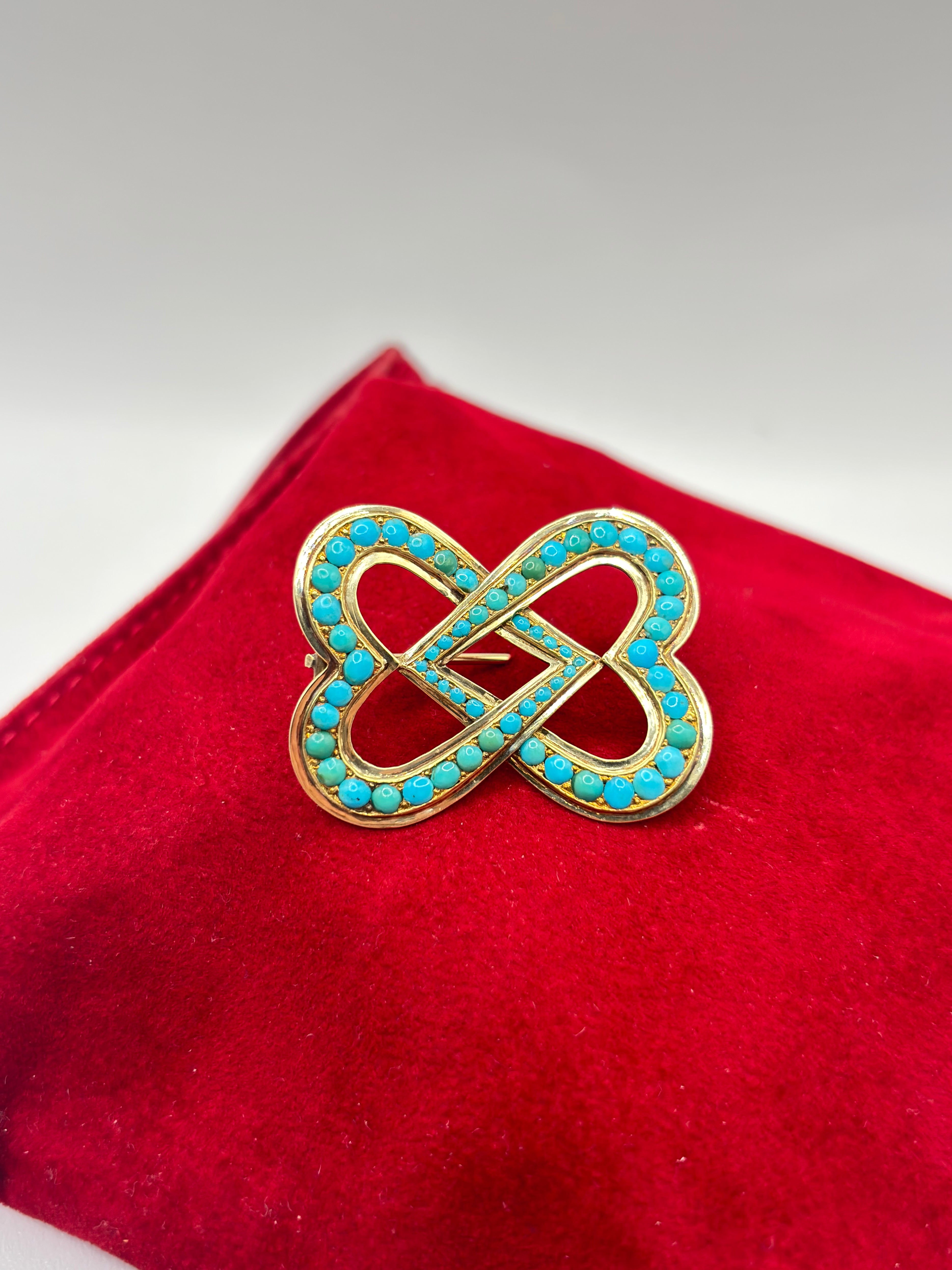 Victorian Turquoise 15ct Gold Double Heart Lover’s Knot Brooch, Circa 1880’s