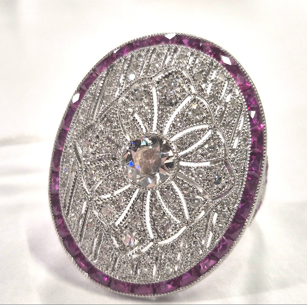 Art Deco Style Platinum Diamond, Calibre Ruby Plaque Ring, Old European Diamond 0.57 carats - overall diamond carat weight 2.07