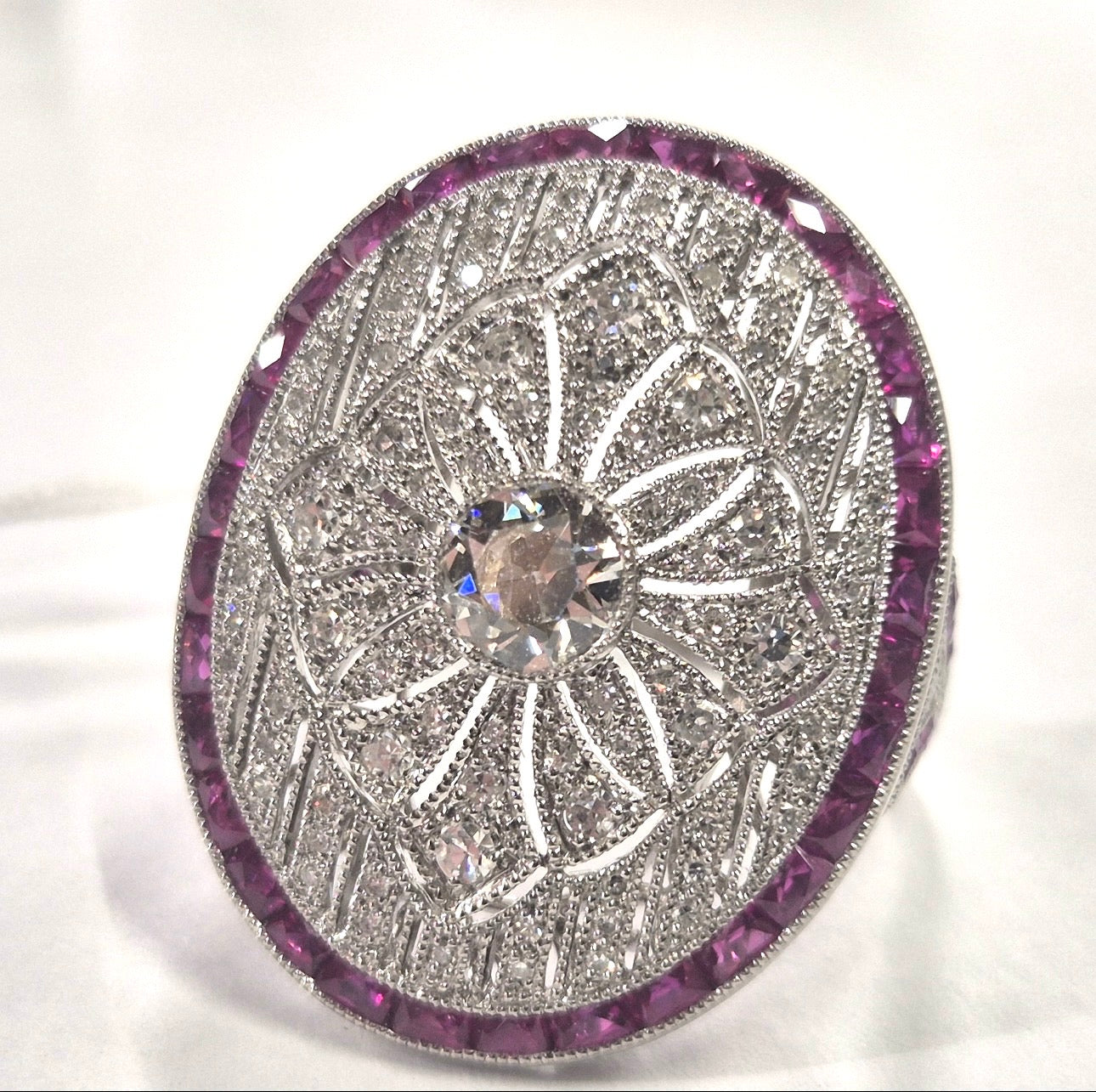 Art Deco Style Platinum Diamond, Calibre Ruby Plaque Ring, Old European Diamond 0.57 carats - overall diamond carat weight 2.07
