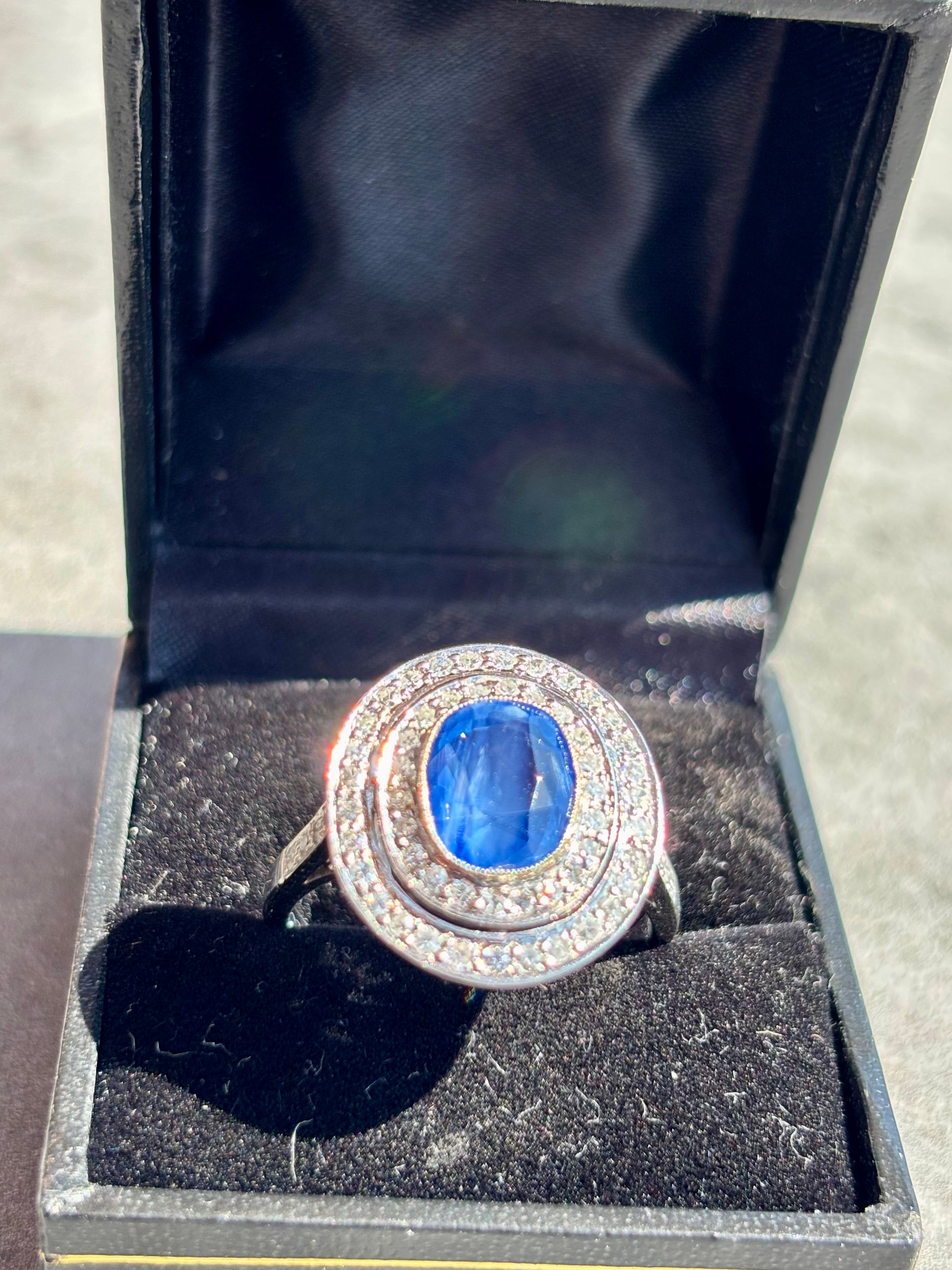 GCS Certified 3.70ct Unheated Sri Lankan Sapphire & Diamond Platinum Ring