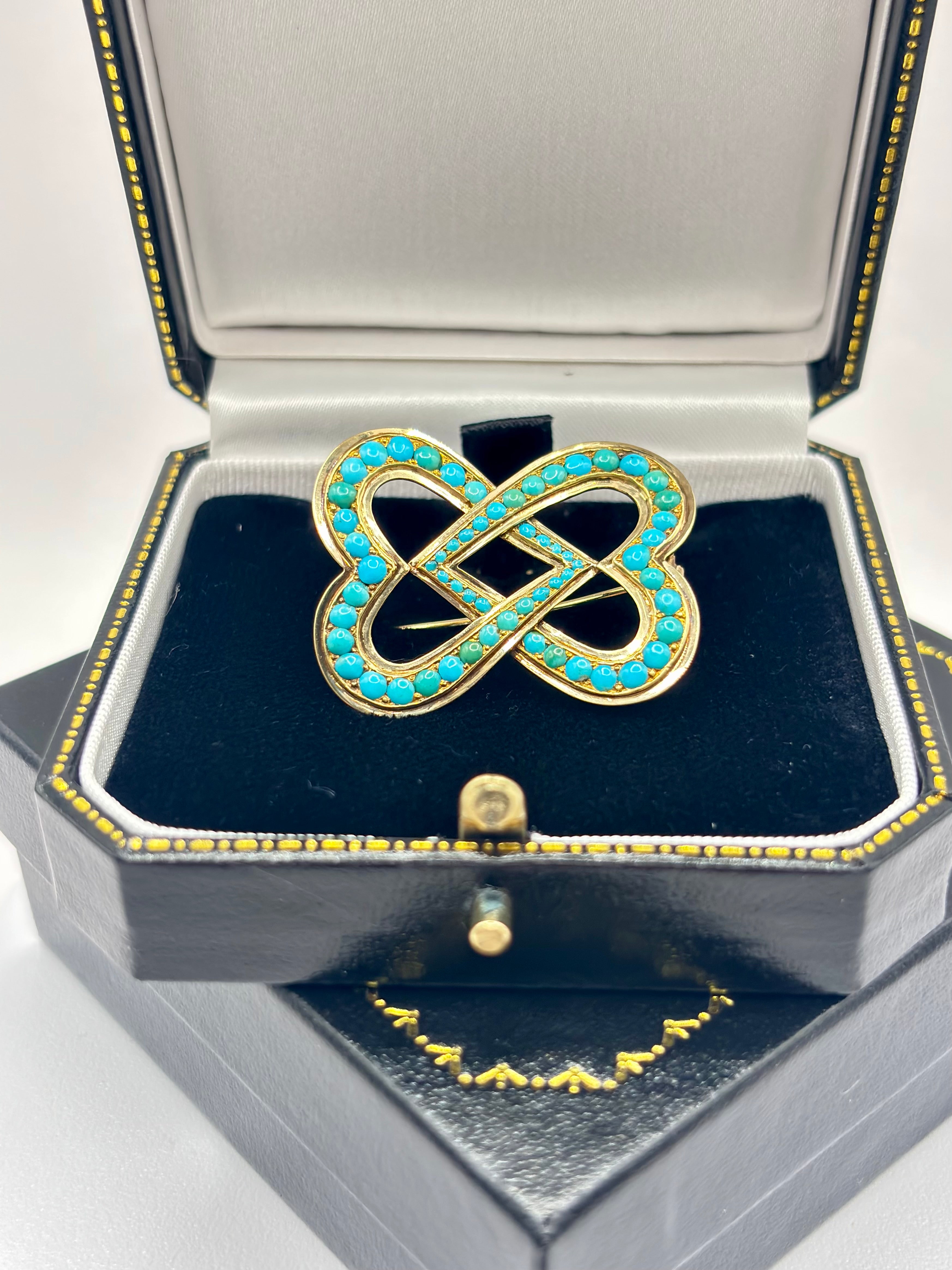 Victorian Turquoise 15ct Gold Double Heart Lover’s Knot Brooch, Circa 1880’s