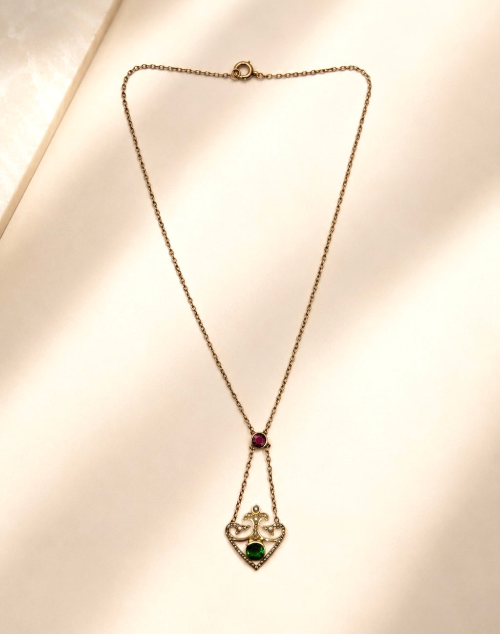 Edwardian 9ct Gold Pink & Apple Green Tourmaline Lavaliere Necklace with Pearls